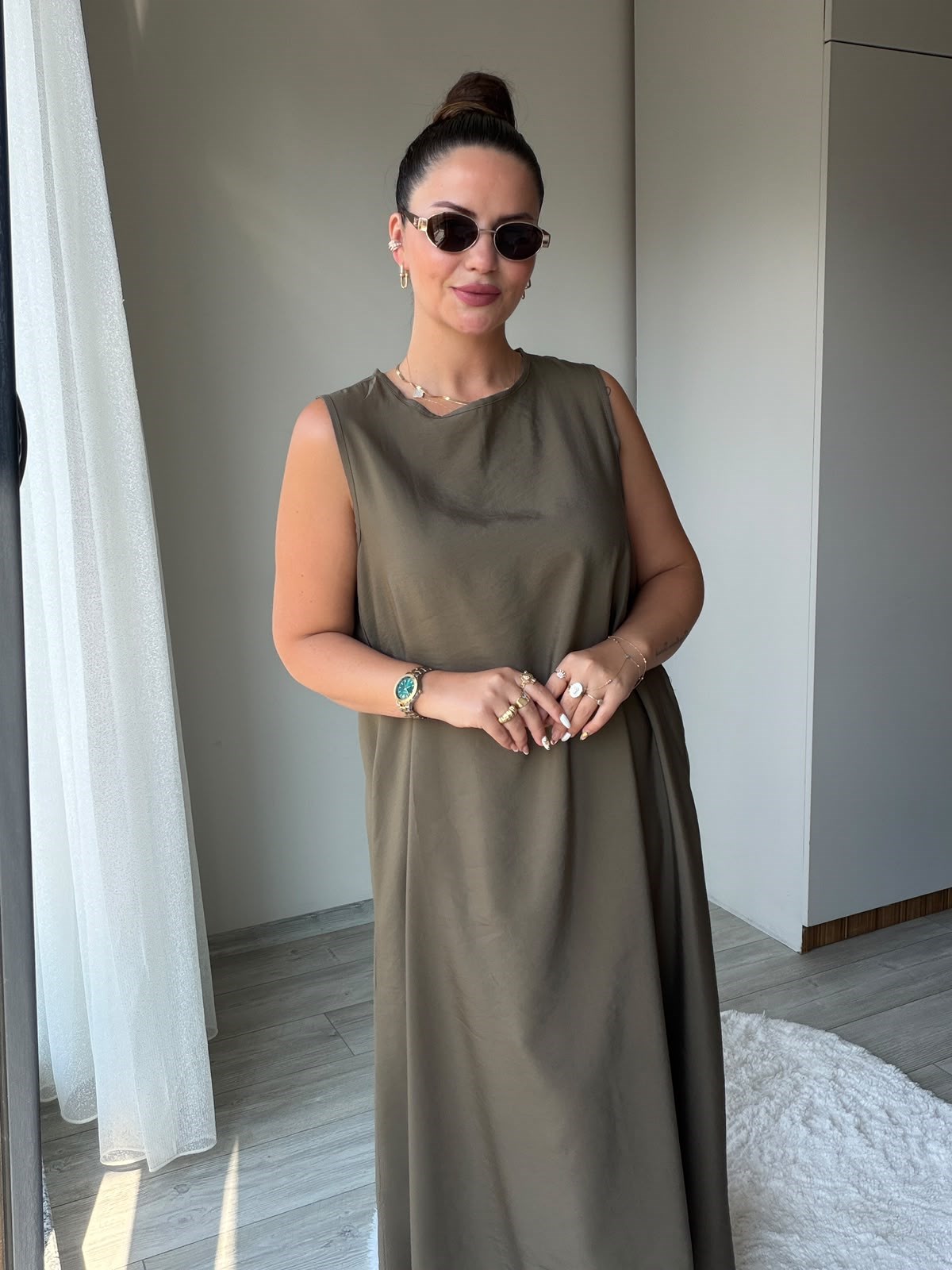 3453 Bisiklet Yakalı Elbise HAKİ YEŞİL