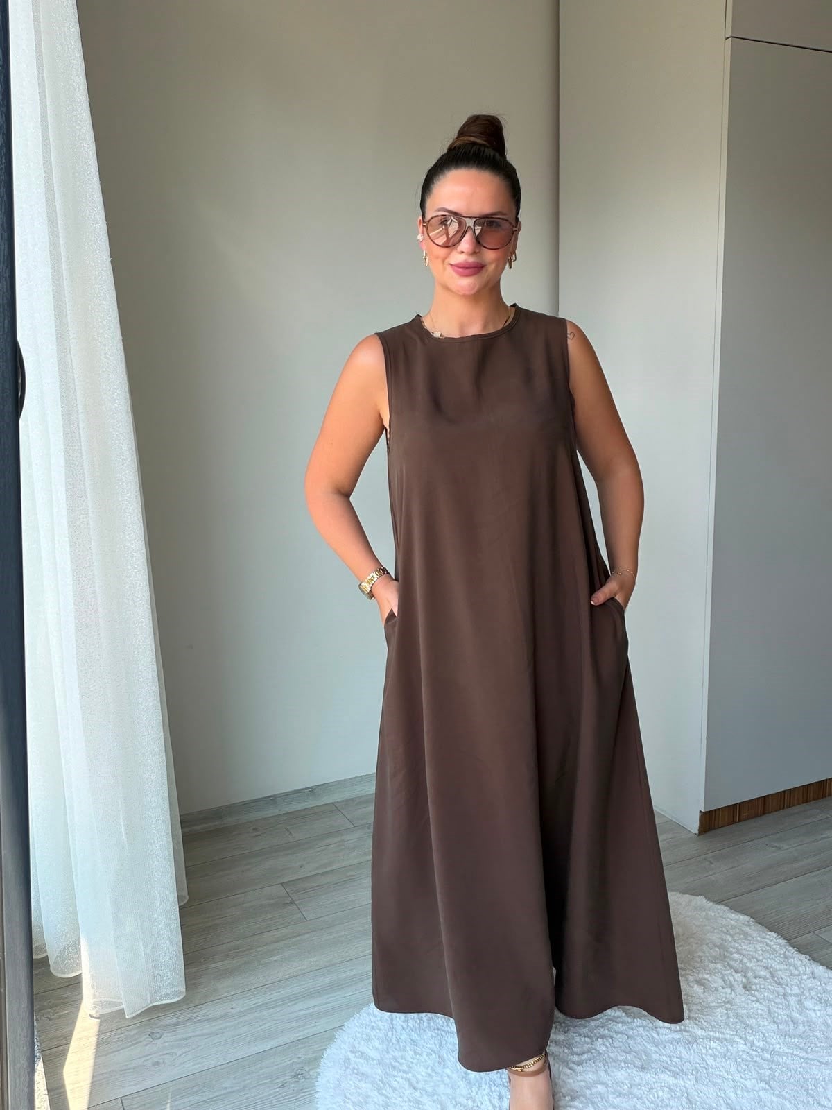 3453 Bisiklet Yakalı Elbise KAHVE