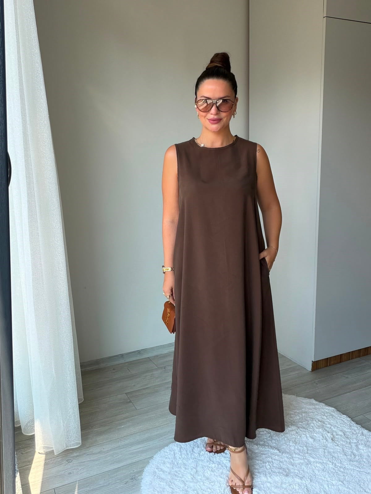 3453 Bisiklet Yakalı Elbise KAHVE