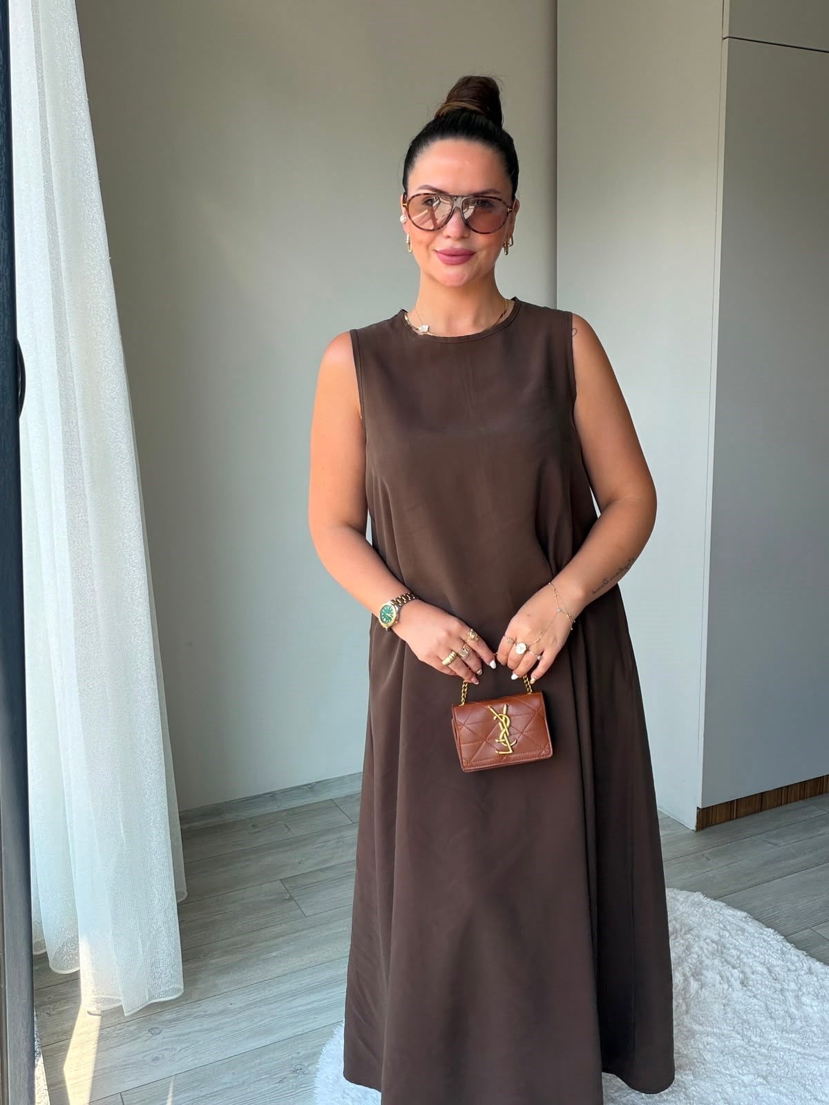 3453 Bisiklet Yakalı Elbise KAHVE