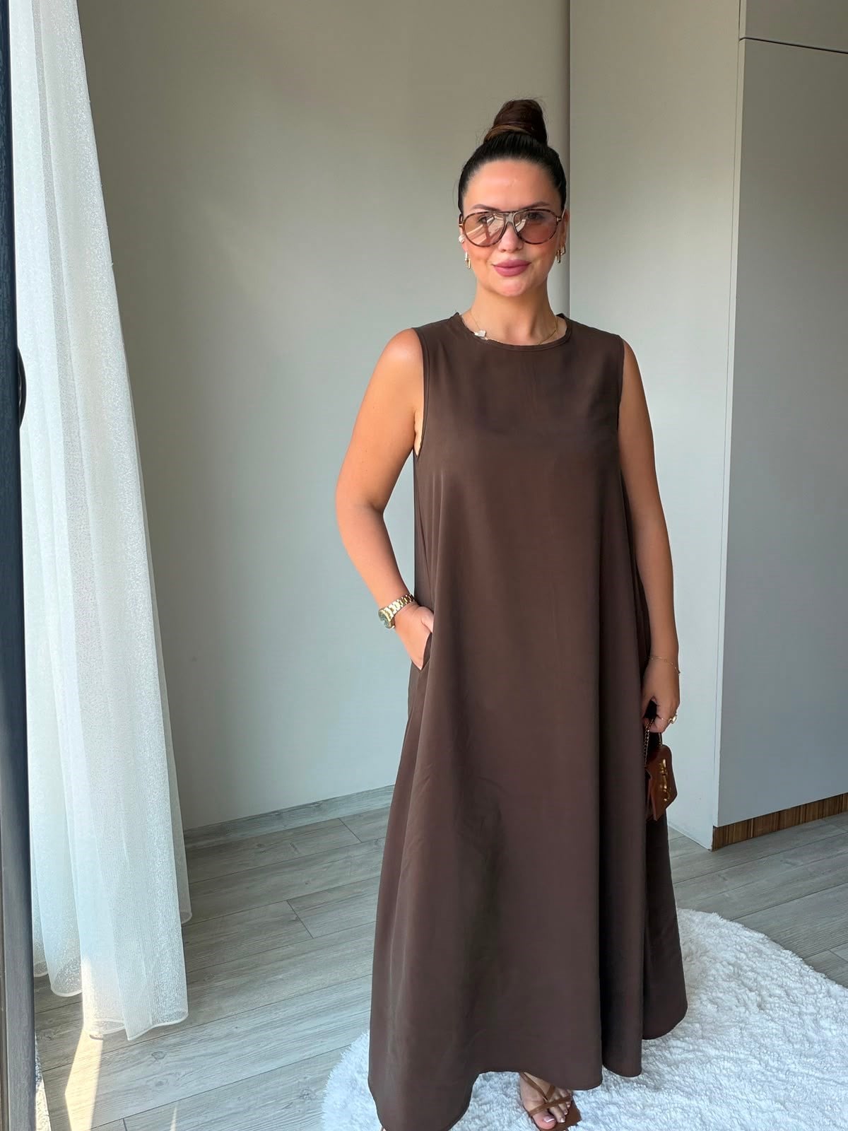 3453 Bisiklet Yakalı Elbise KAHVE