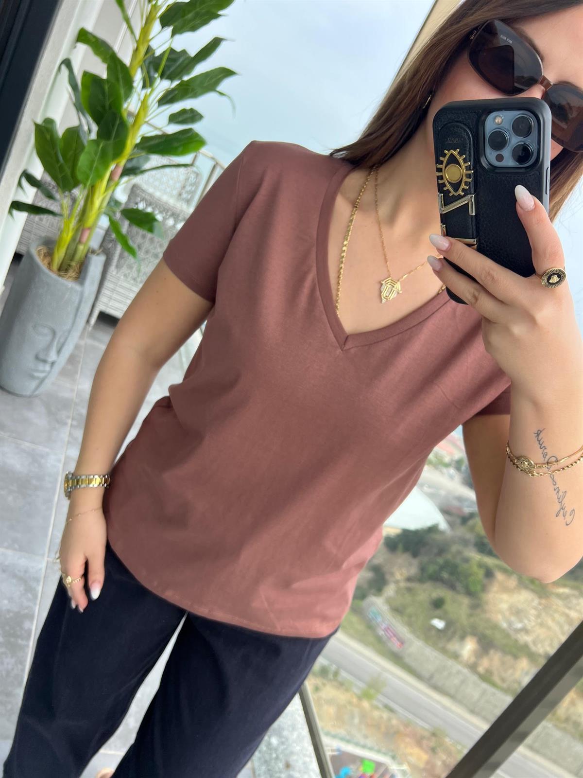 3470 V Yaka Basic Tshirt KAHVE