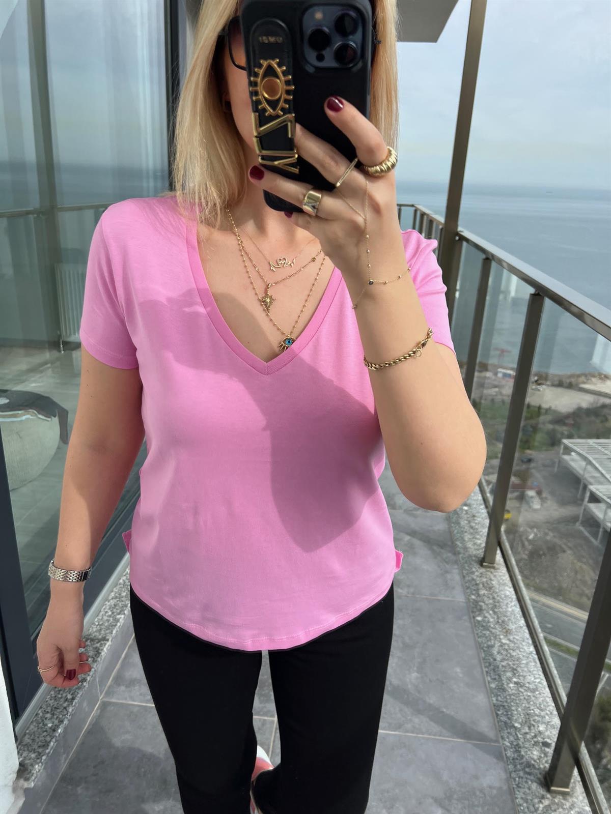3470 V Yaka Basic Tshirt PEMBE