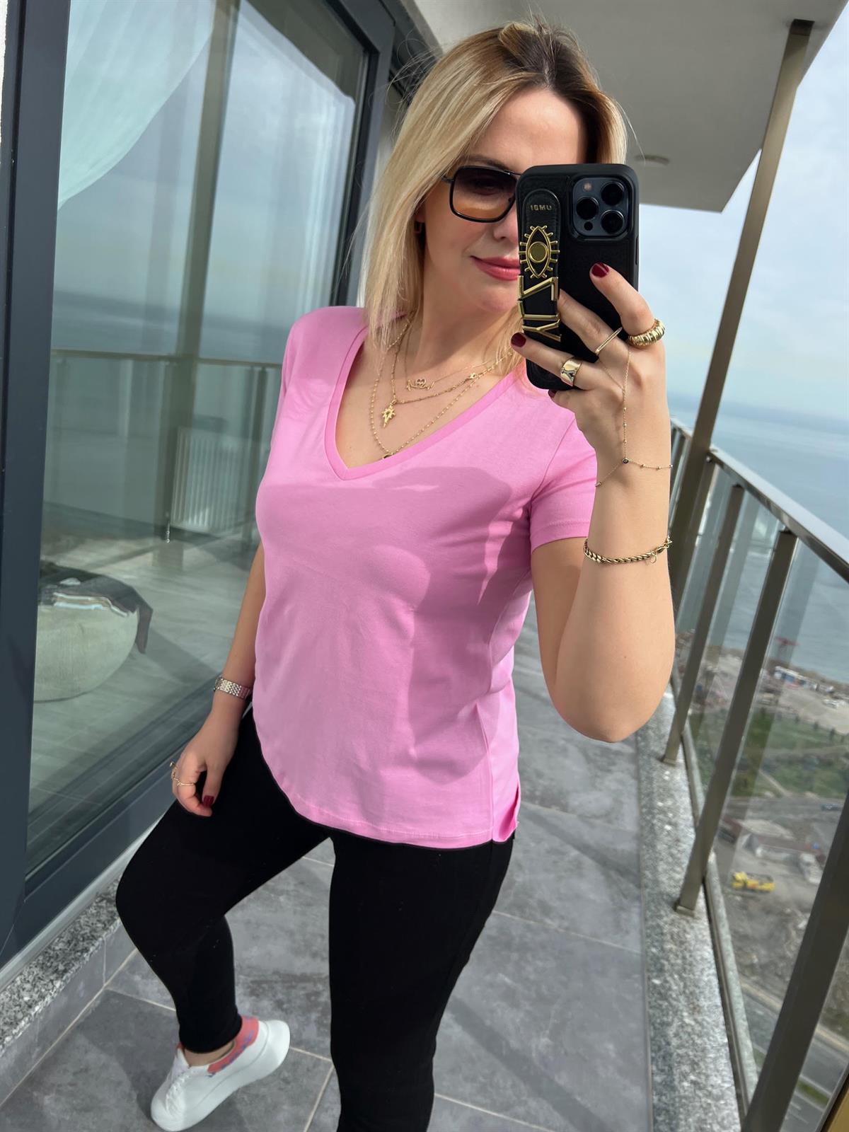 3470 V Yaka Basic Tshirt PEMBE