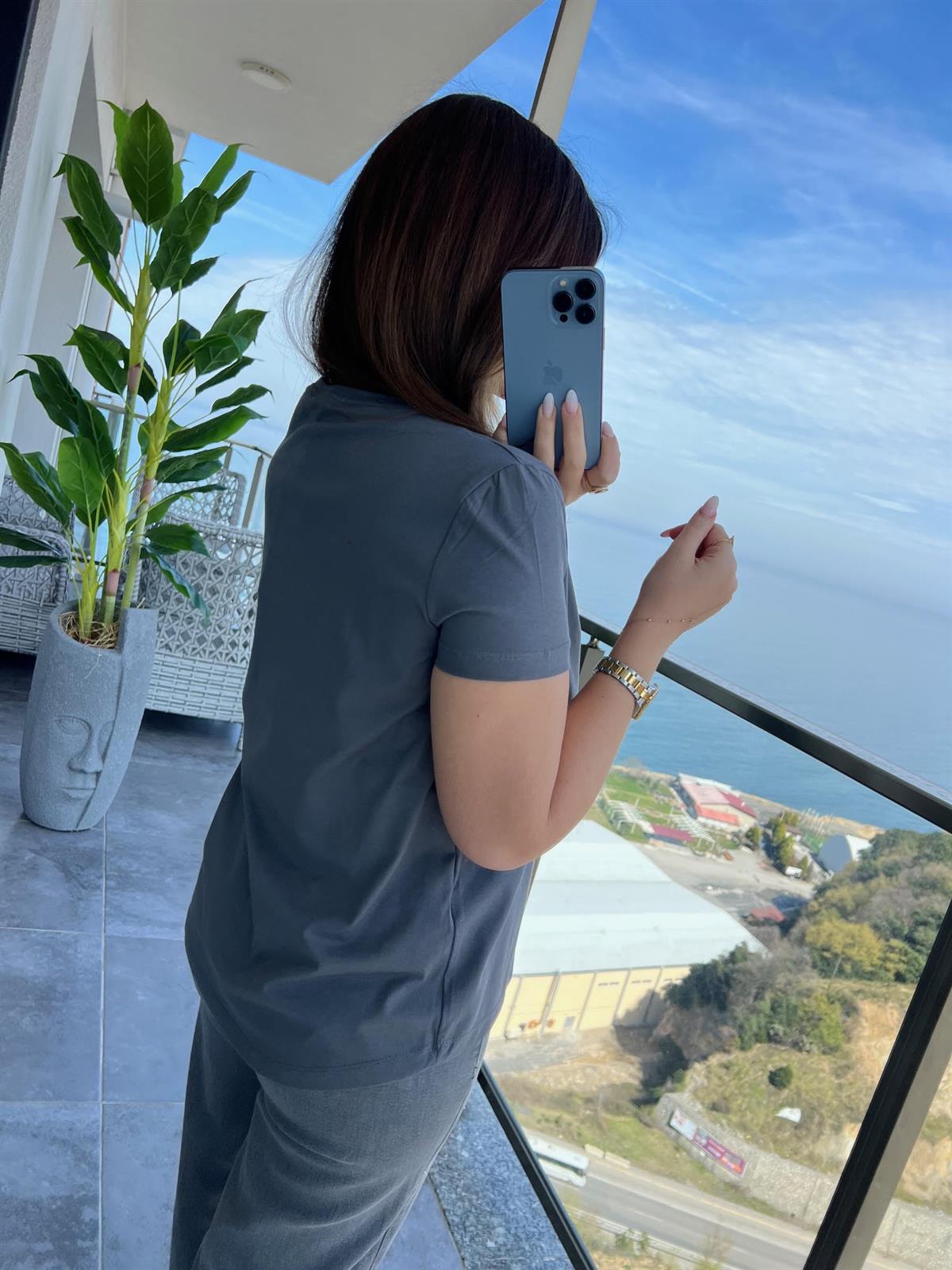 3471 Yuvarlak Yaka Basic Tshirt FÜME