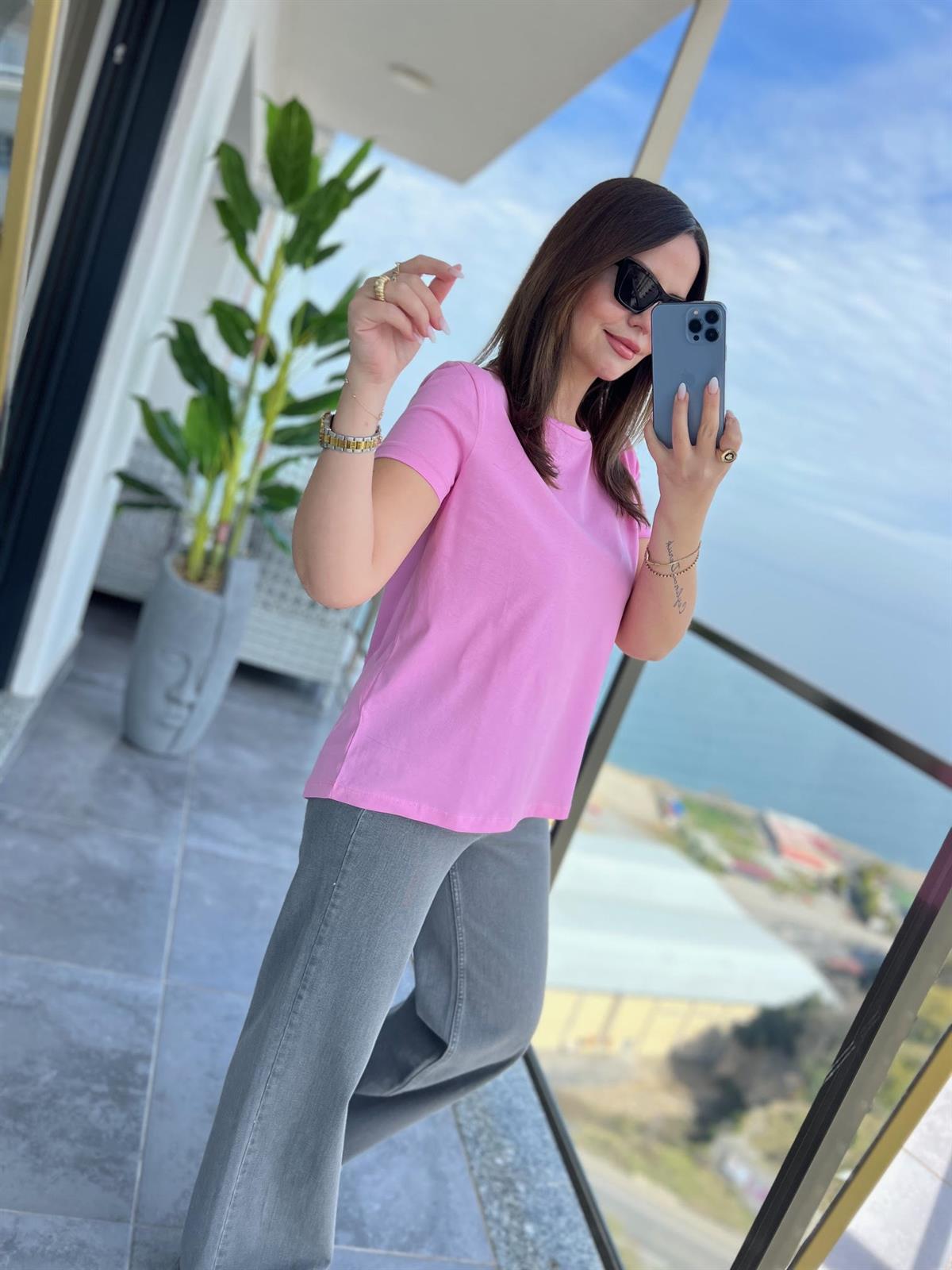 3471 Yuvarlak Yaka Basic Tshirt PEMBE
