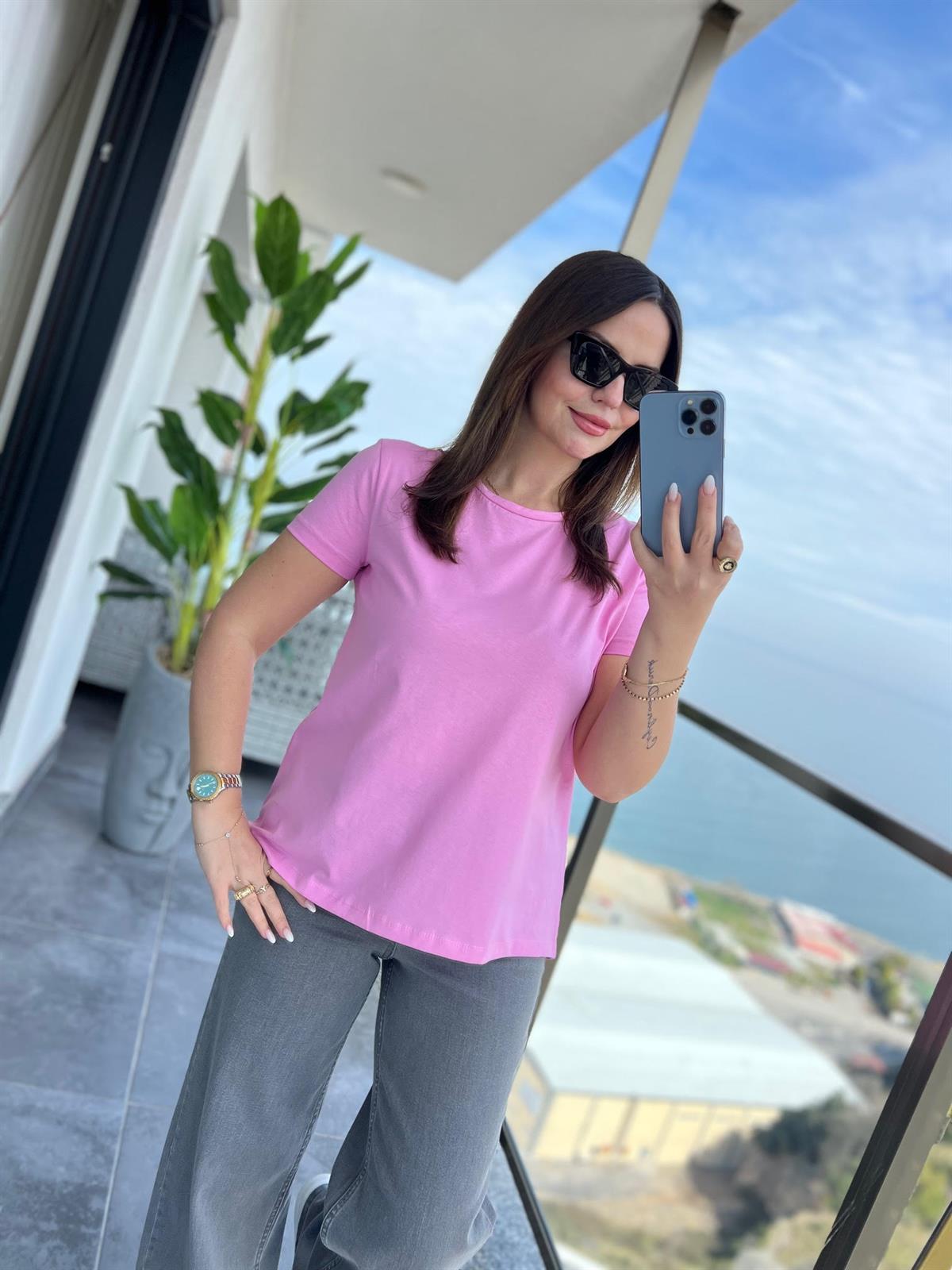 3471 Yuvarlak Yaka Basic Tshirt PEMBE