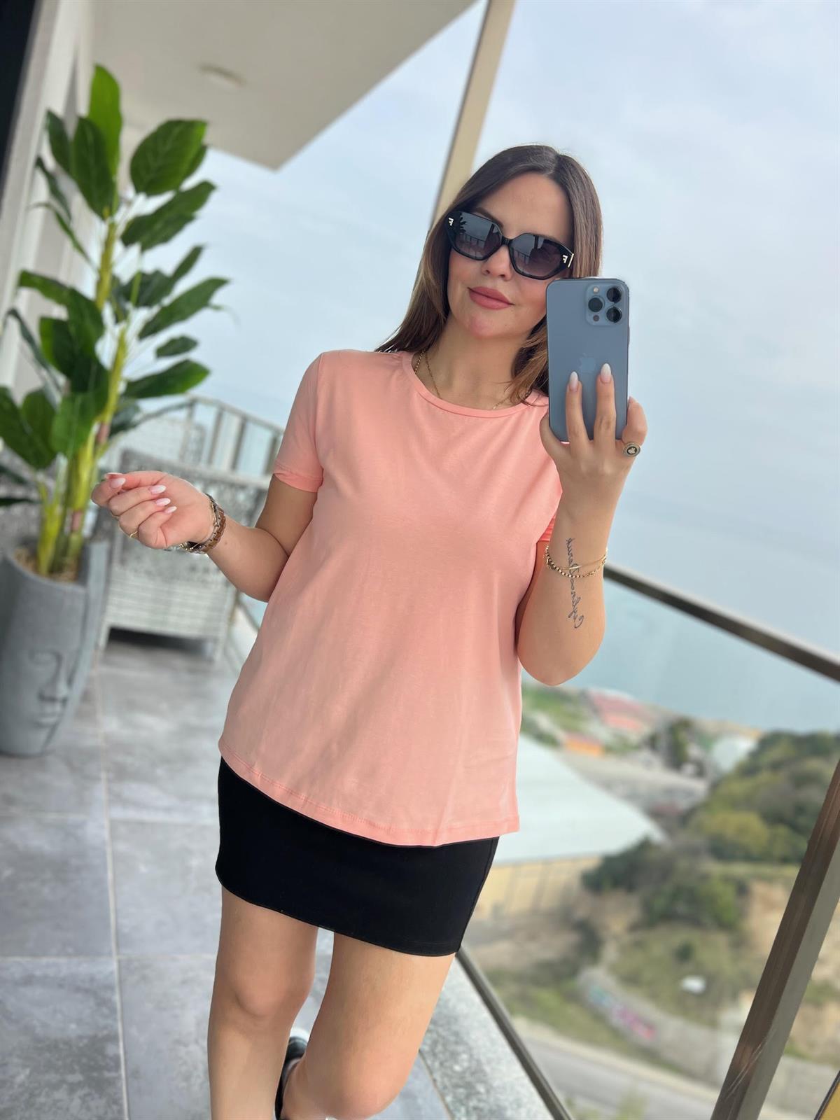 3471 Yuvarlak Yaka Basic Tshirt ŞEFTALİ
