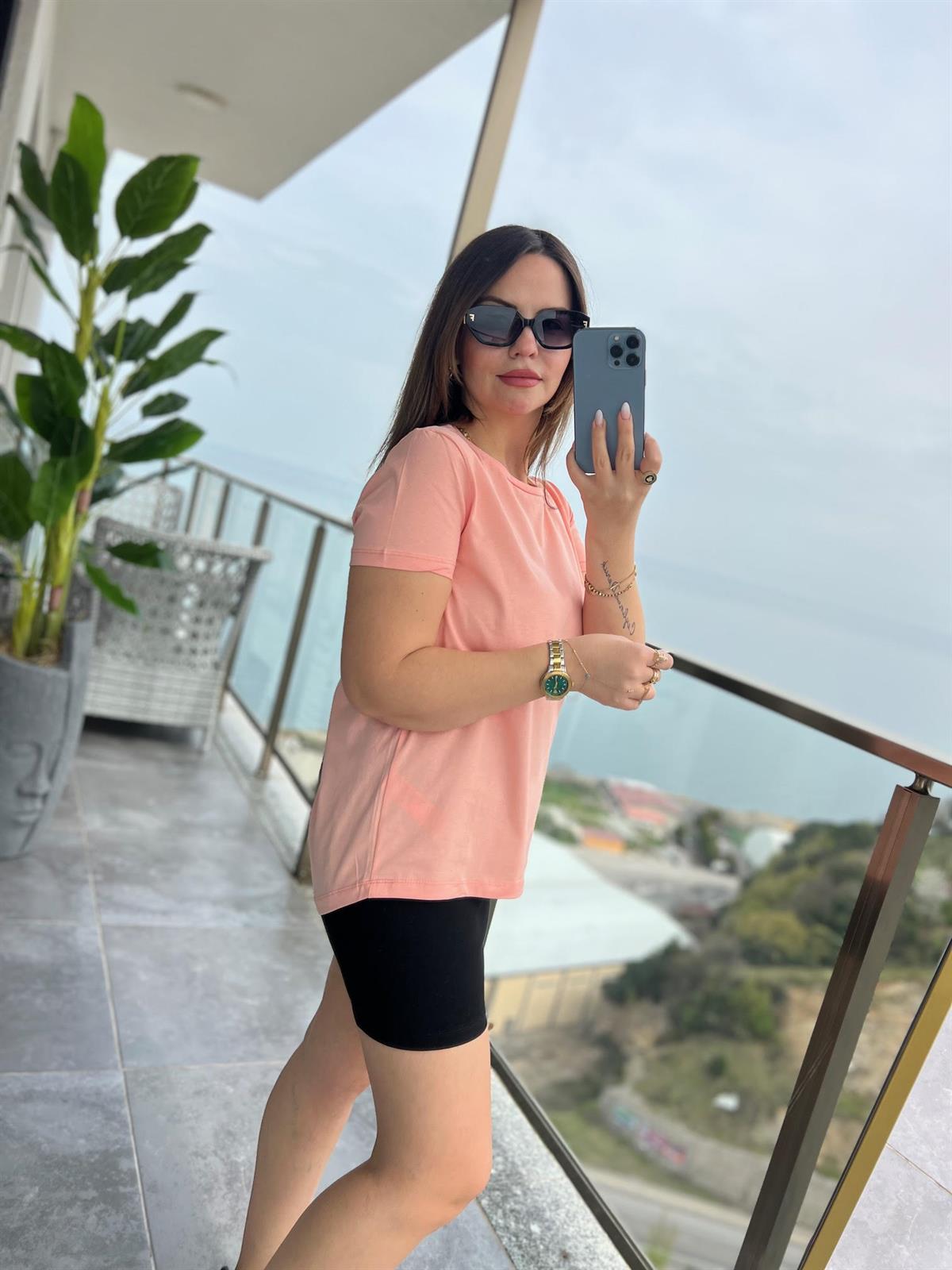 3471 Yuvarlak Yaka Basic Tshirt ŞEFTALİ