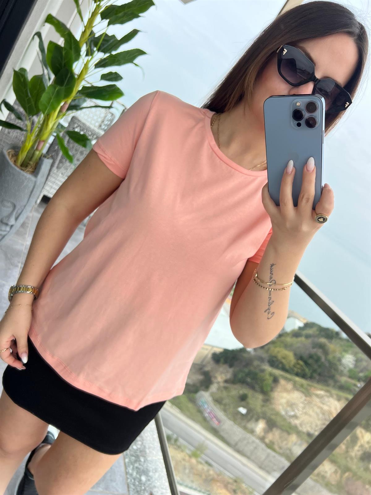 3471 Yuvarlak Yaka Basic Tshirt ŞEFTALİ