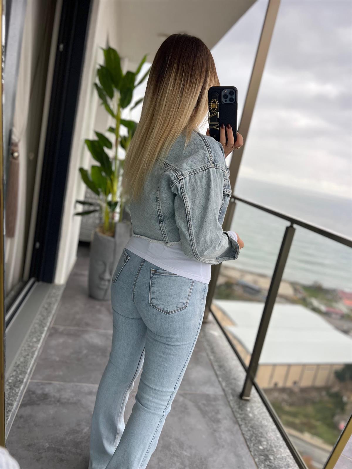 35091 Kuş Gözlü Kısa Kot Ceket MAVİ