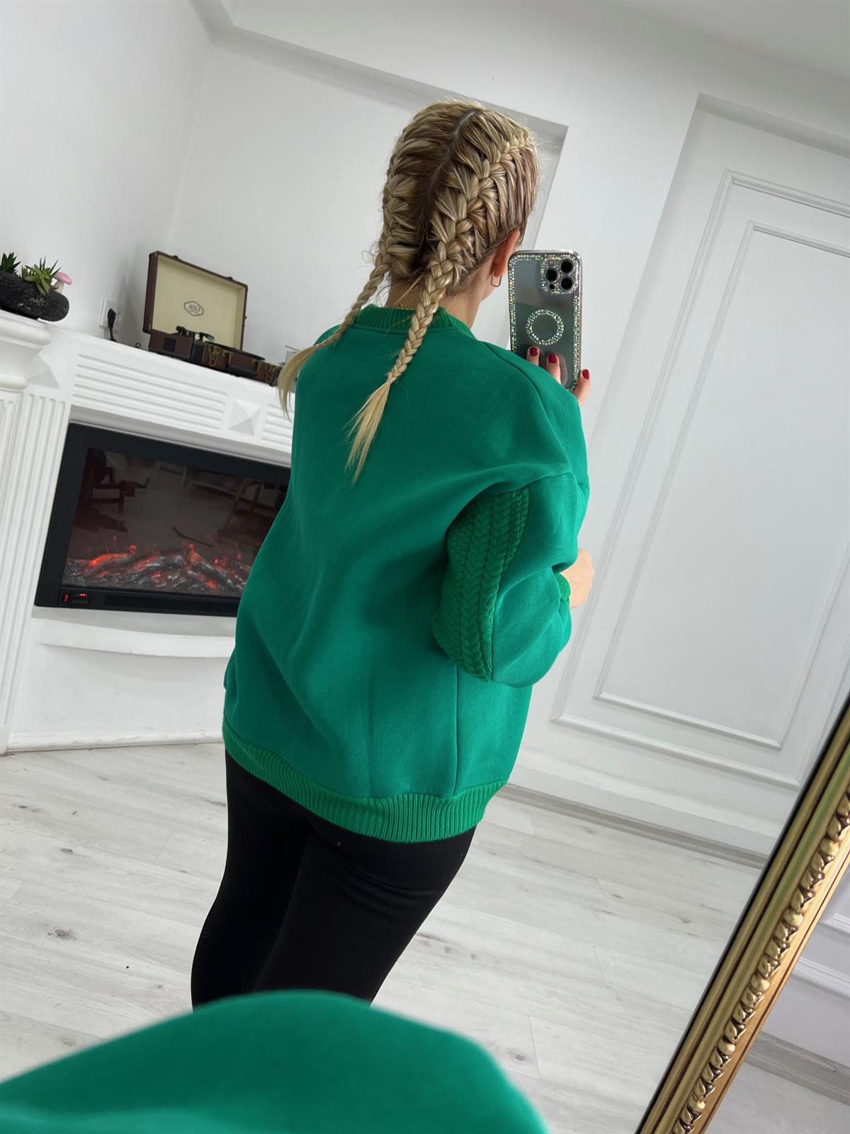 3521 Fermuarlı Triko Detay Tasarım Sweat YEŞİL