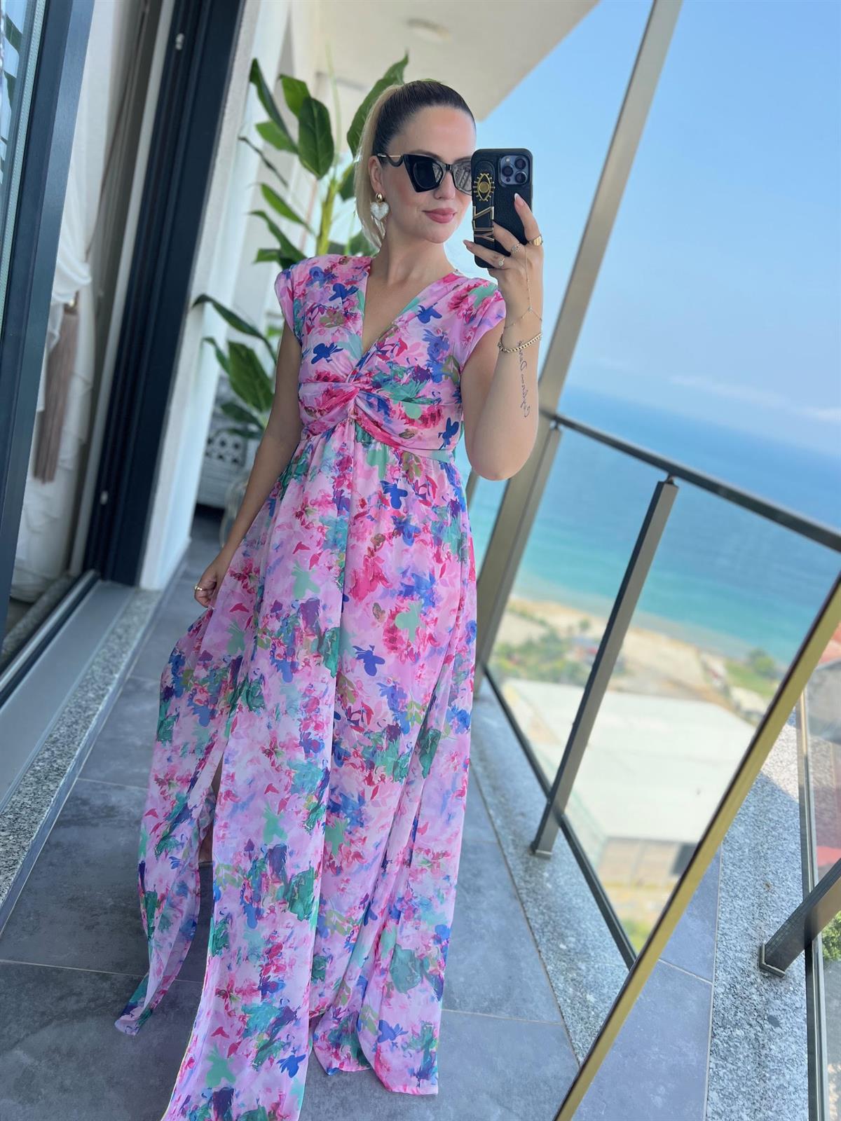 3522 Yırtmaçlı Uzun Elbise PEMBE