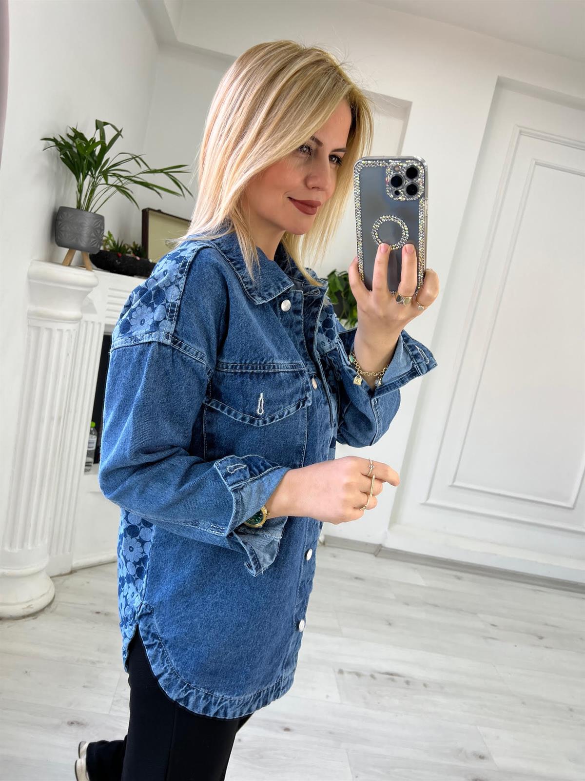 354 Çiçekli Jean Ceket MAVİ