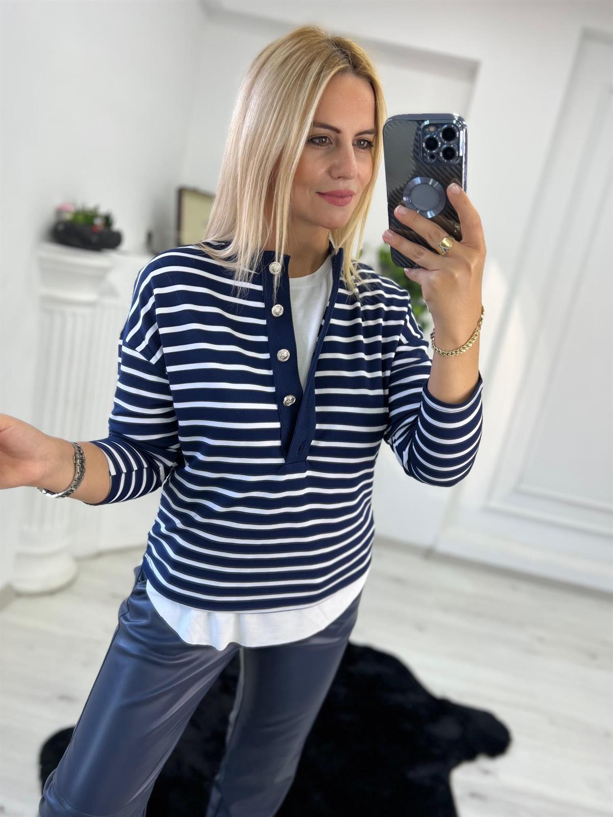 358 Çzgili Nikel Düğmeli Sweat LACİVERT