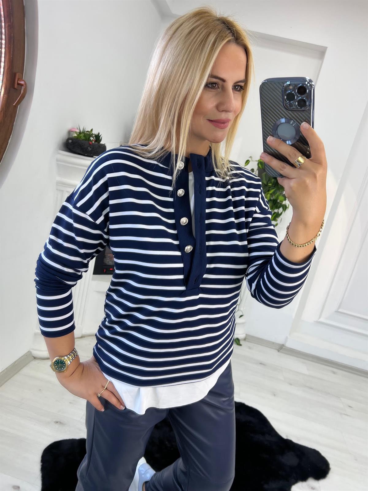 358 Çzgili Nikel Düğmeli Sweat LACİVERT