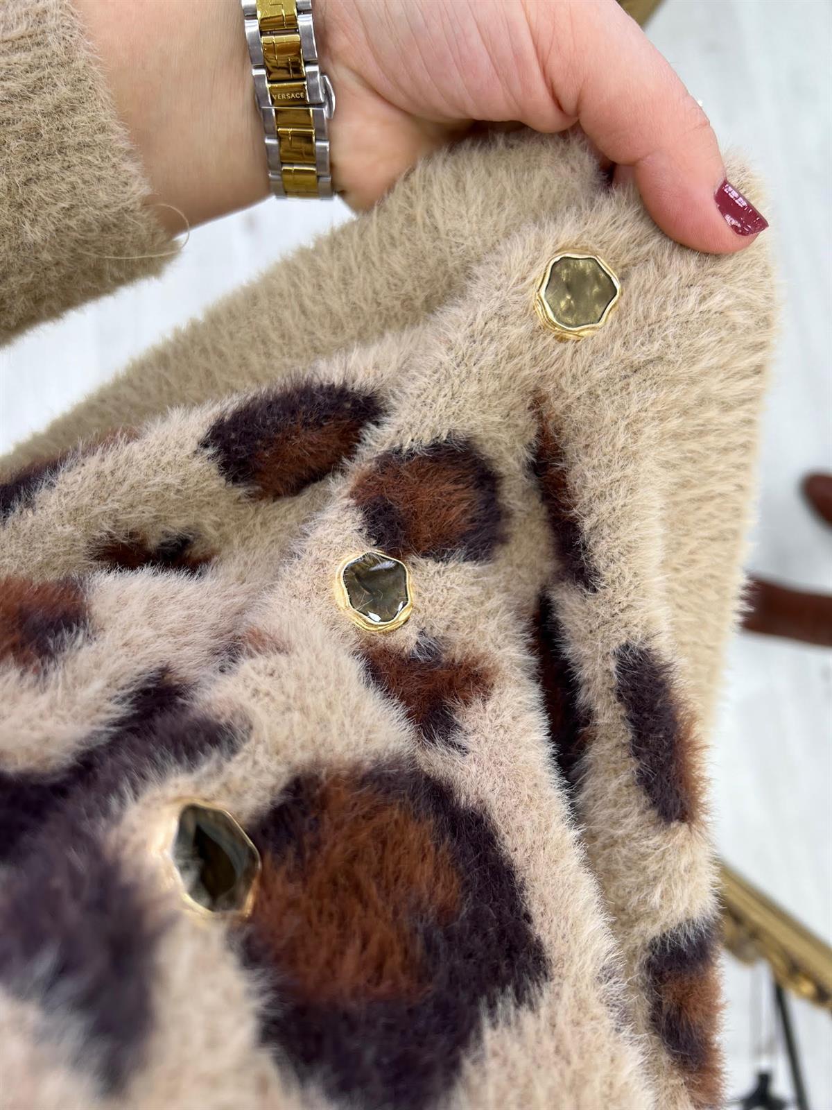 3680 Leopar Kısa Yumoş Hırka BEJ