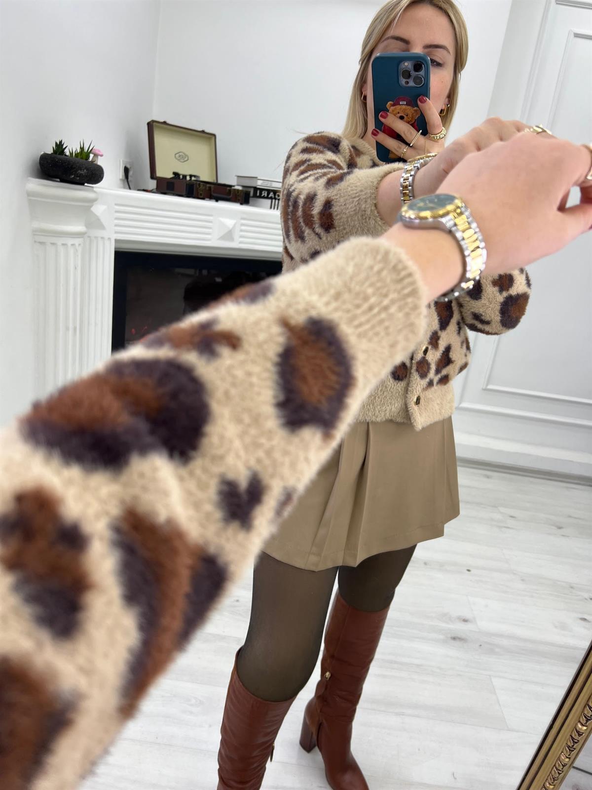 3680 Leopar Kısa Yumoş Hırka BEJ
