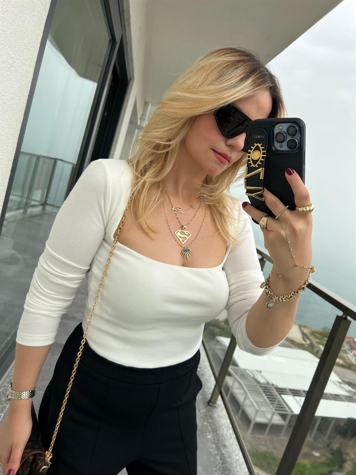 3700 Fitilli Uzun Kollu Crop BEYAZ