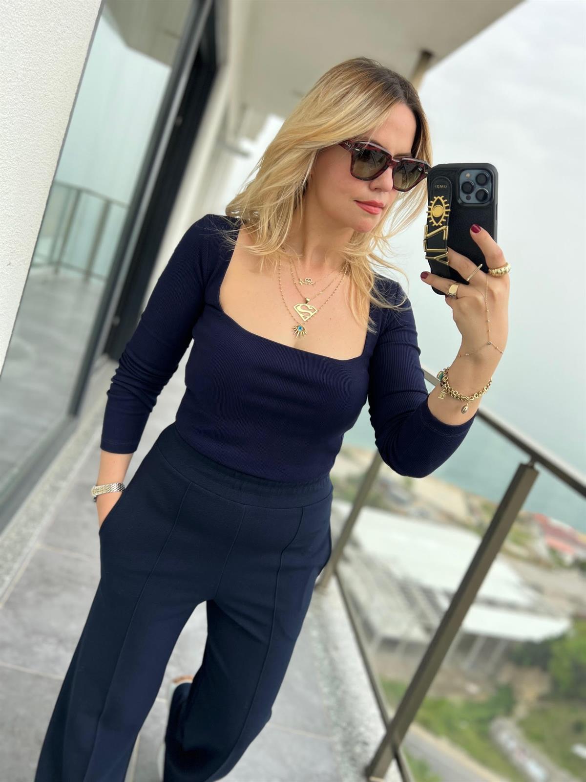 3700 Fitilli Uzun Kollu Crop LACİVERT