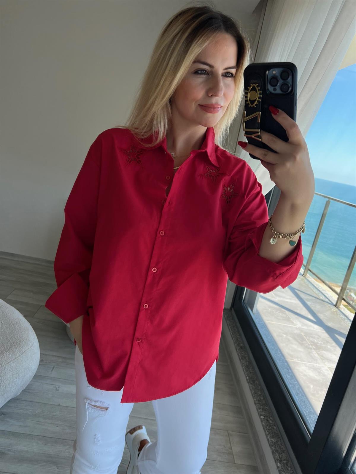 385 Yıldız İşlemeli Gömlek KIRMIZI