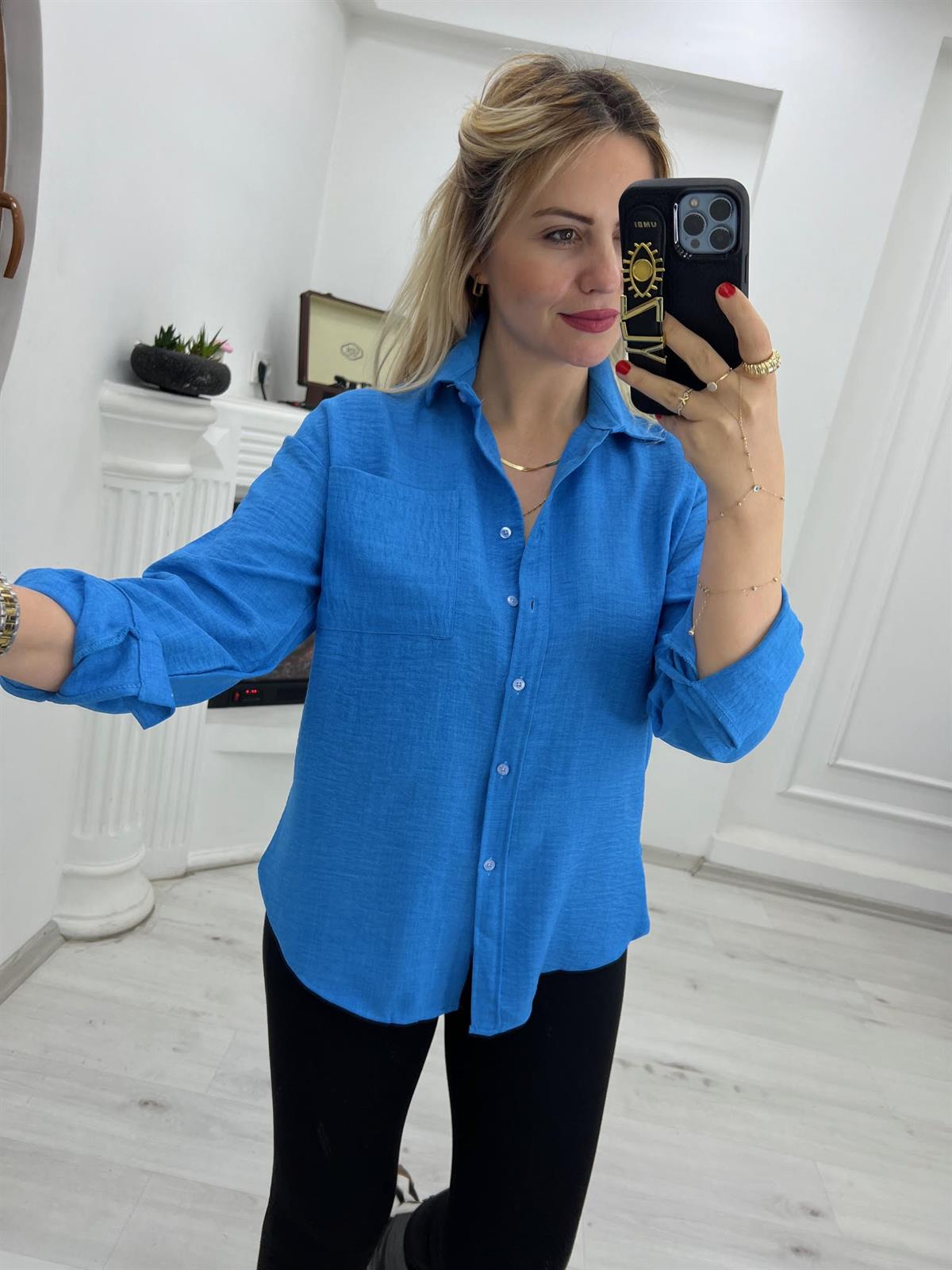 387 Keten Gömlek MAVİ