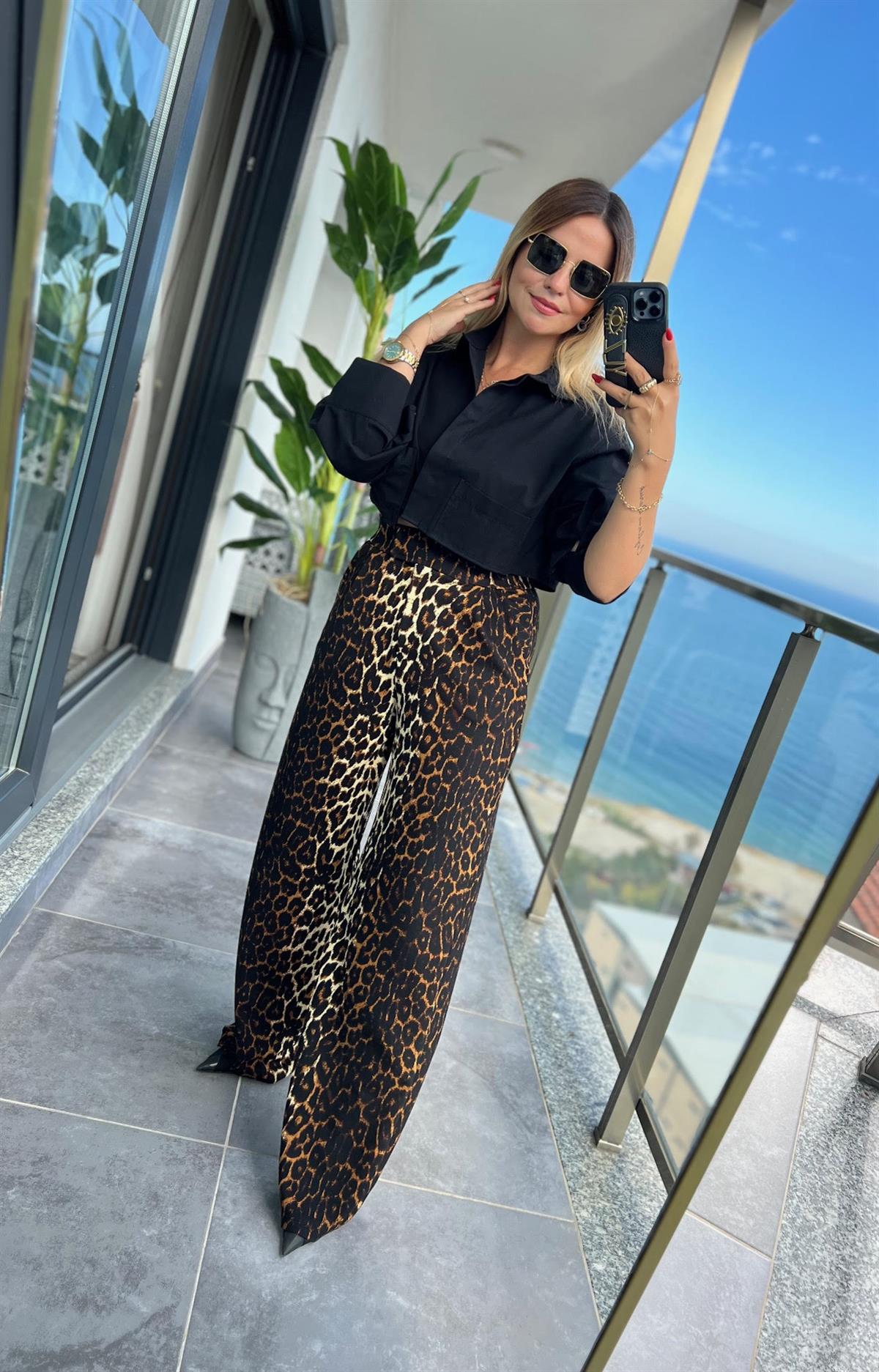 3926 Likralı Cırtlı Palazzo Pantolon LEOPAR