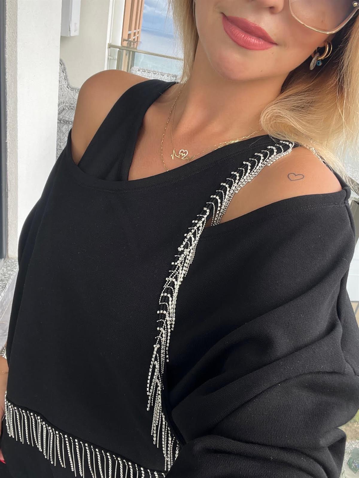 4002 Taşlı Askılı Sweat SİYAH