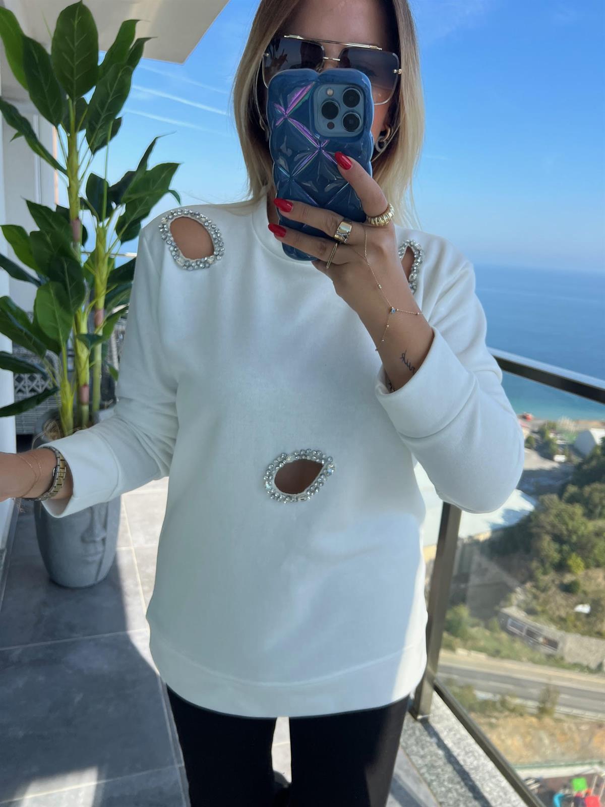 4010 Lazer Kesim Taşlı Sweat EKRU