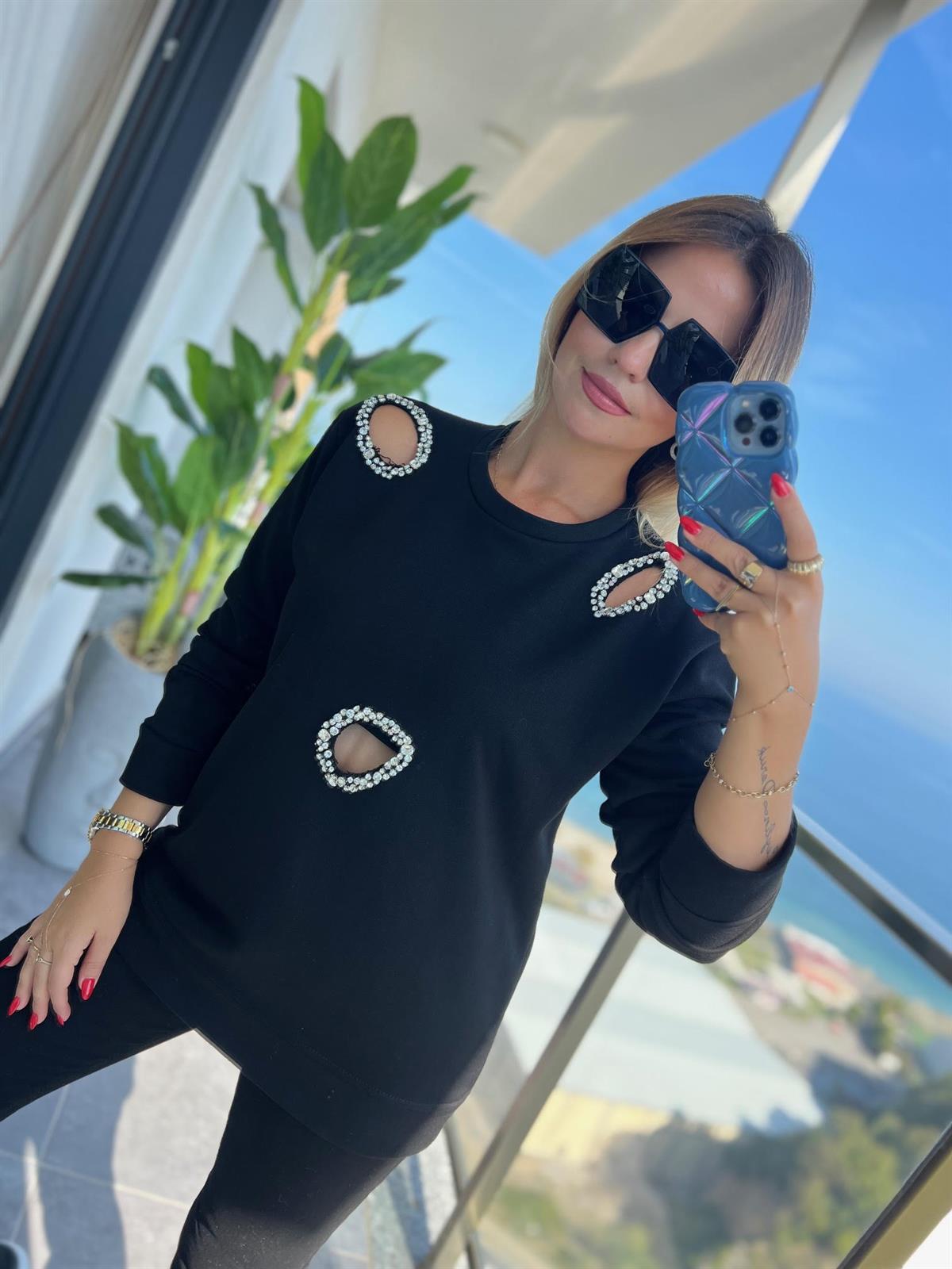 4010 Lazer Kesim Taşlı Sweat SİYAH