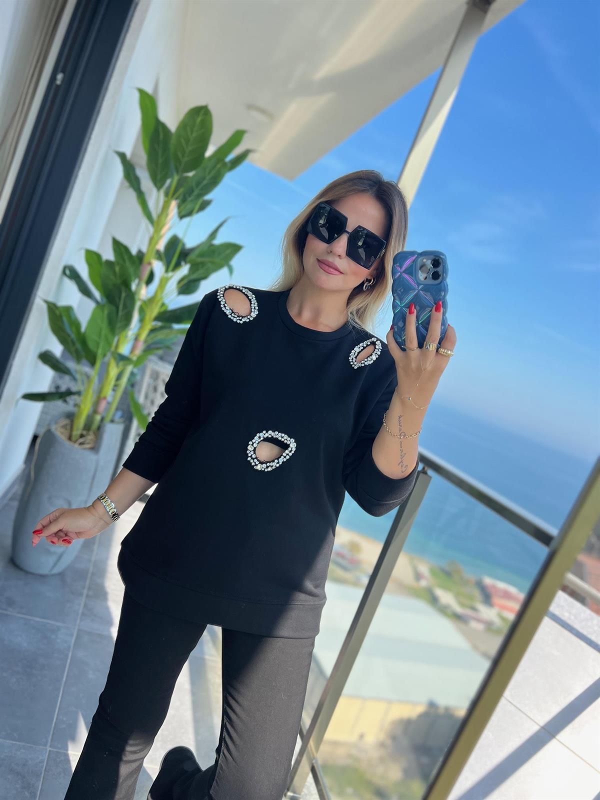 4010 Lazer Kesim Taşlı Sweat SİYAH