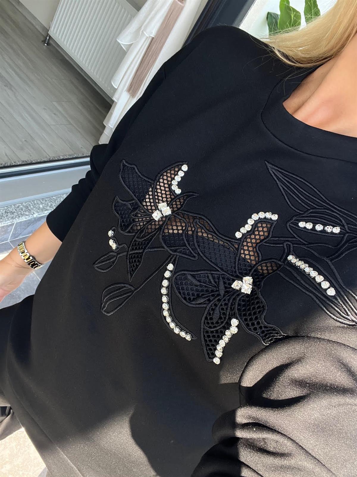 4013 Nakışlı Aplike Taşlı Sweat SİYAH