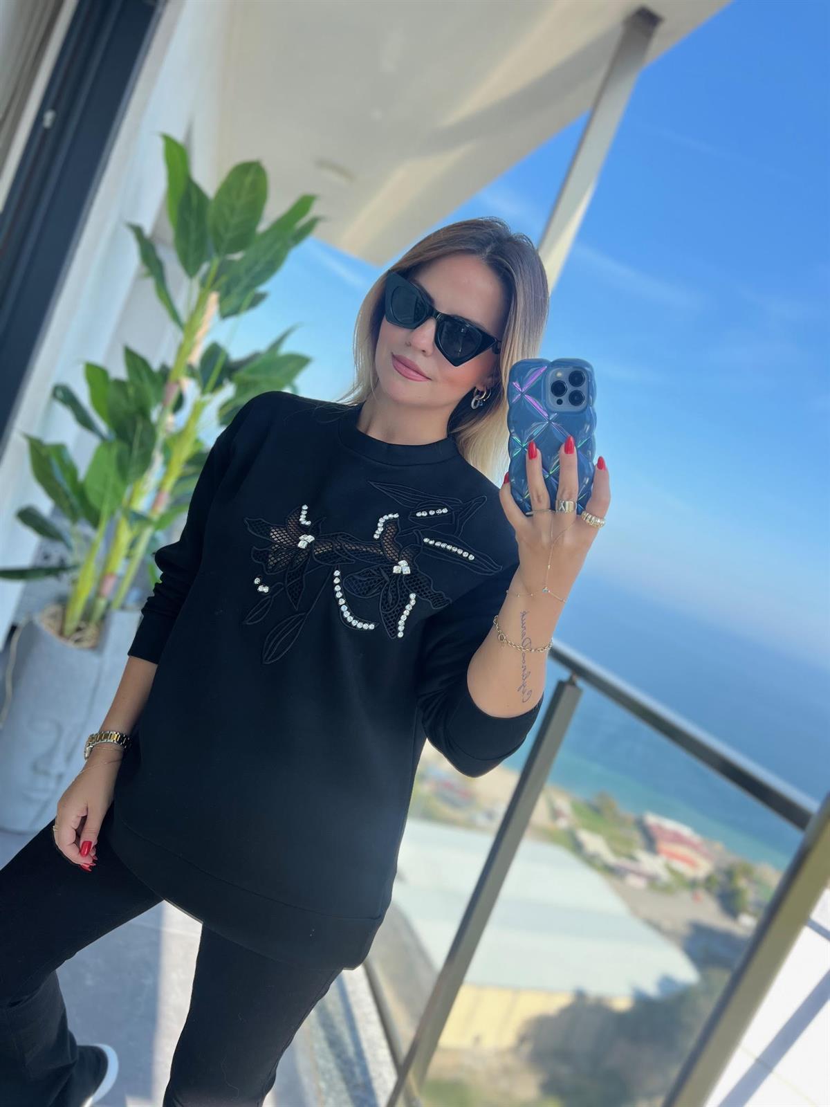 4013 Nakışlı Aplike Taşlı Sweat SİYAH