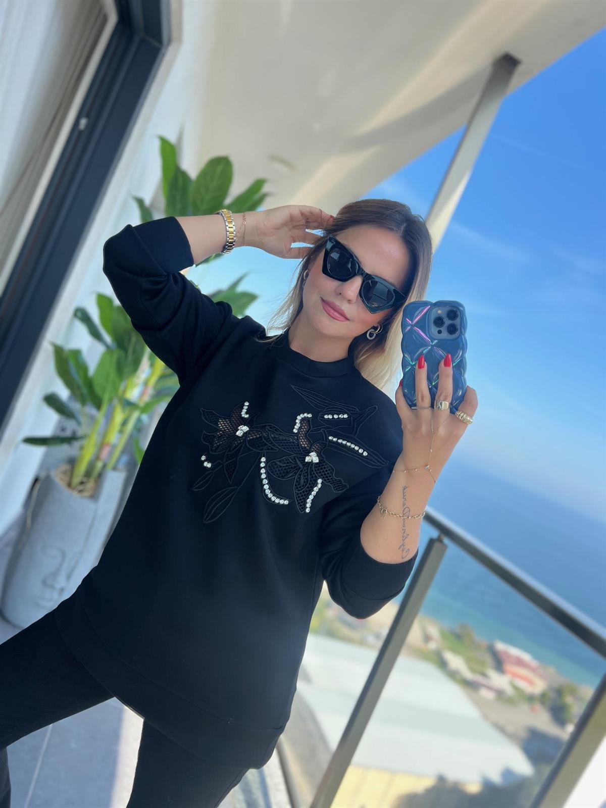 4013 Nakışlı Aplike Taşlı Sweat SİYAH
