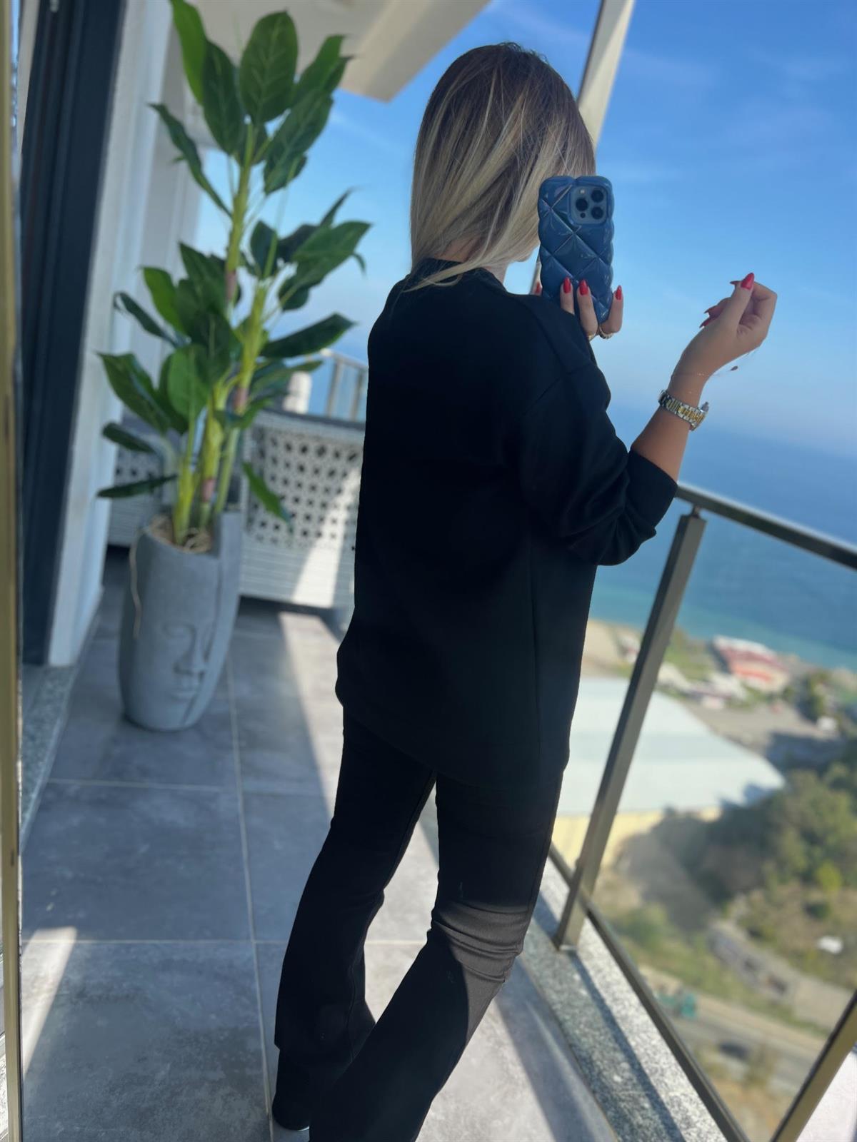 4013 Nakışlı Aplike Taşlı Sweat SİYAH