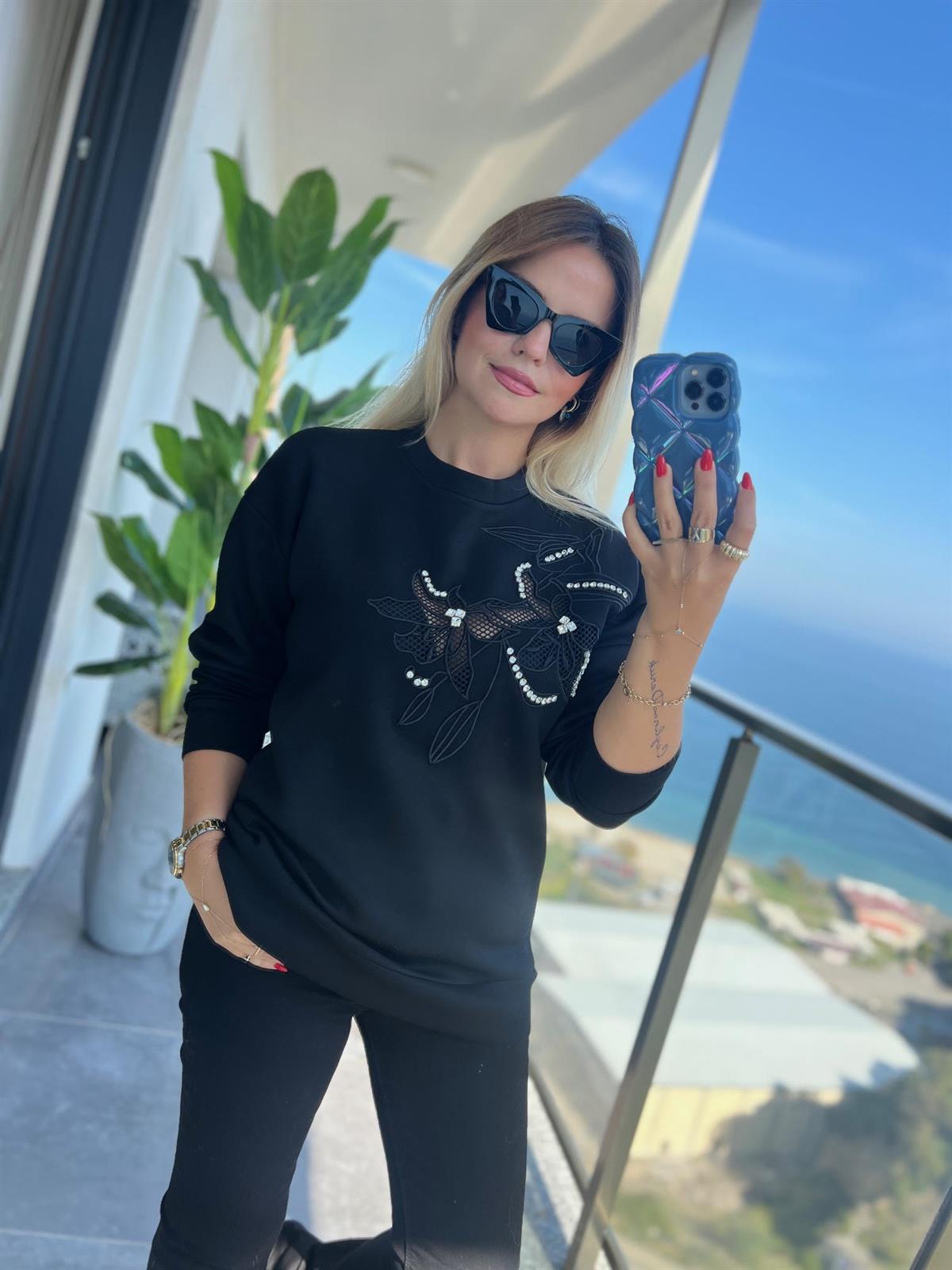 4013 Nakışlı Aplike Taşlı Sweat SİYAH
