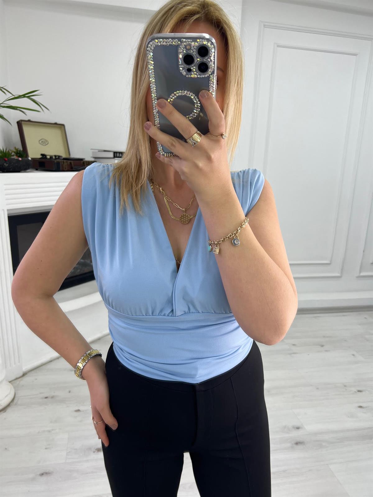 4014 Kolsuz Büzgülü Bluz BEBE MAVİ