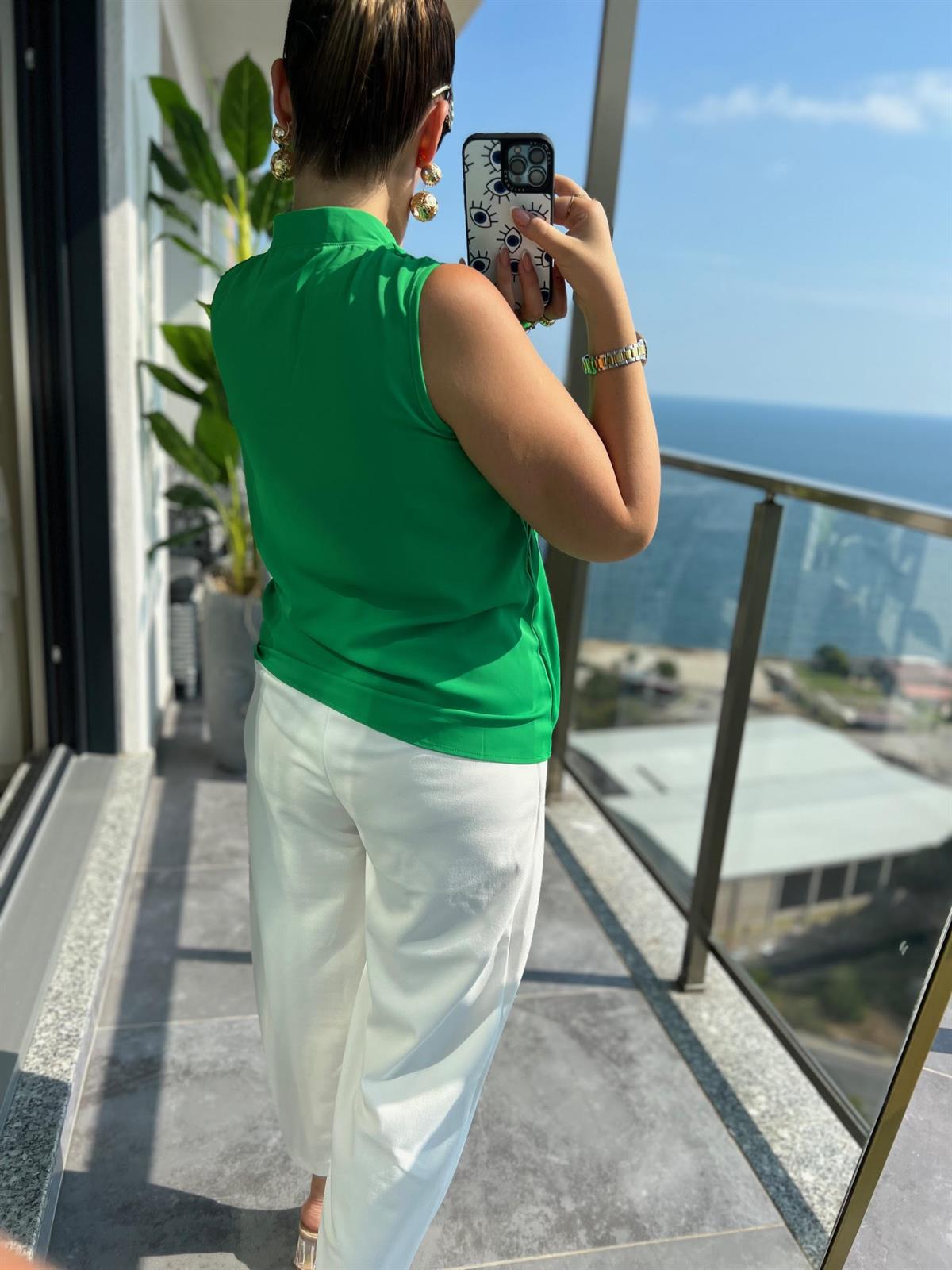 4081 Dik Yaka Bluz YEŞİL