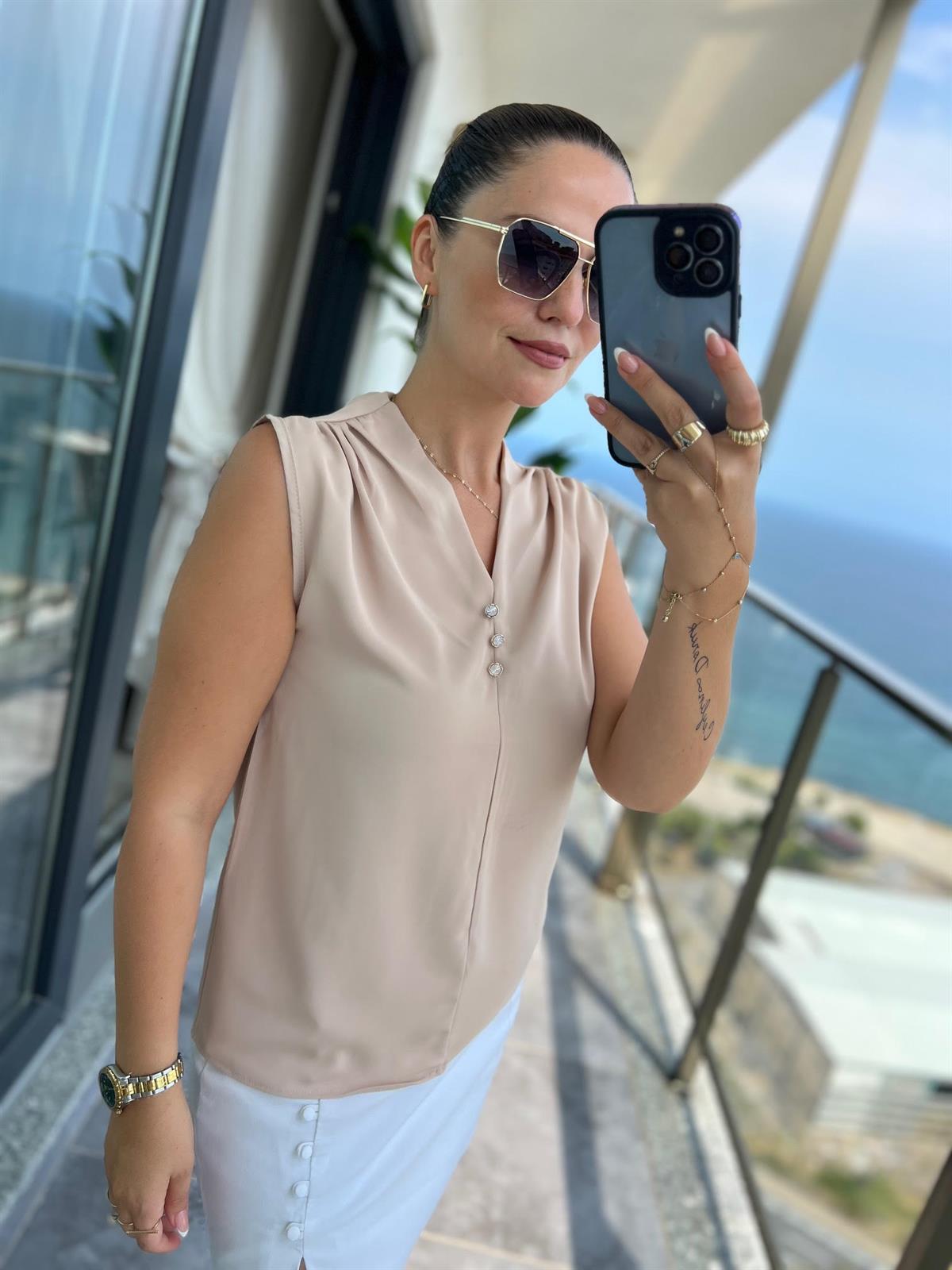 4083 Düğmeli Bluz BEJ