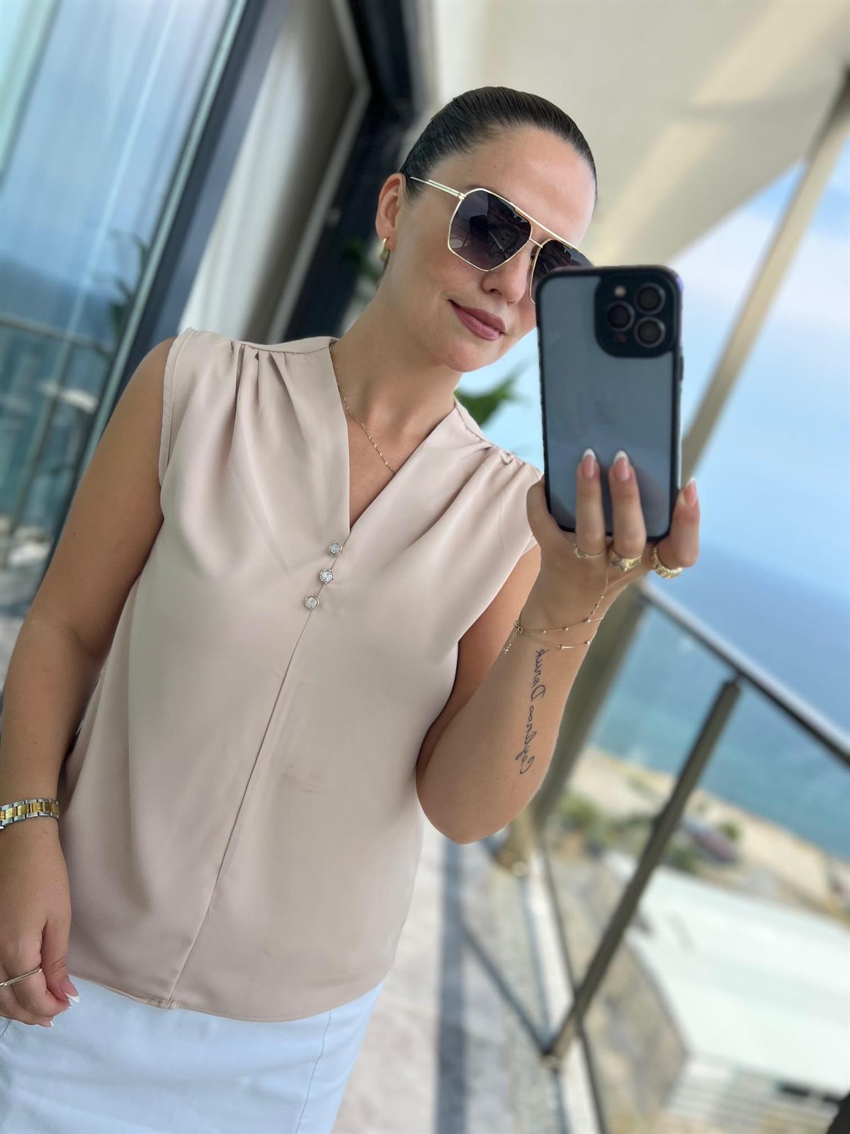 4083 Düğmeli Bluz BEJ
