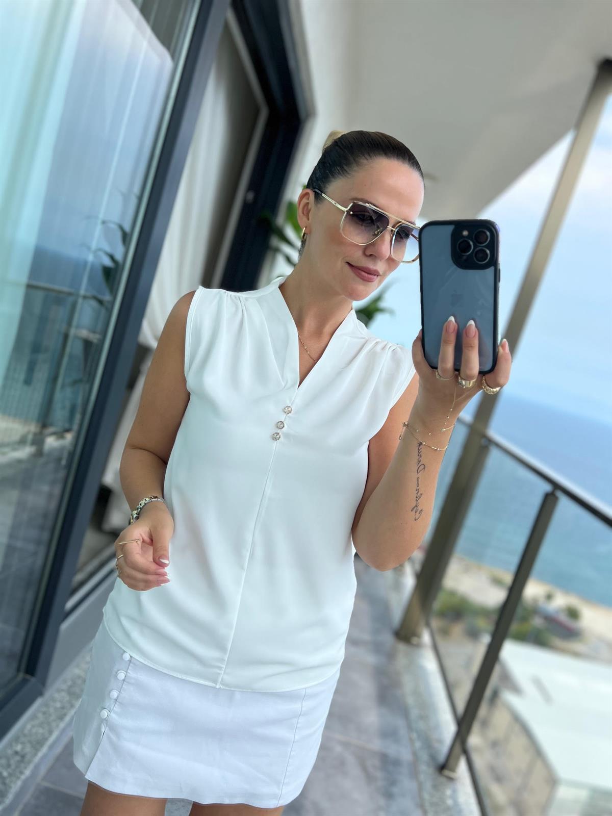 4083 Düğmeli Bluz BEYAZ