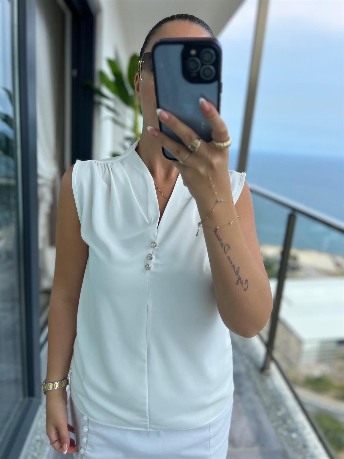 4083 Düğmeli Bluz BEYAZ