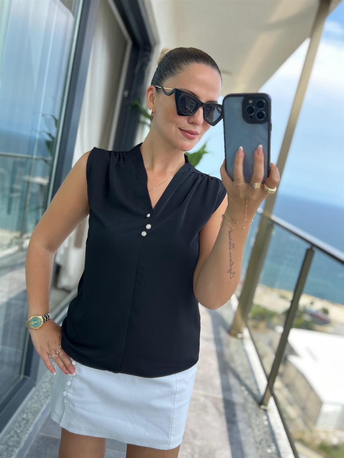 4083 Düğmeli Bluz SİYAH