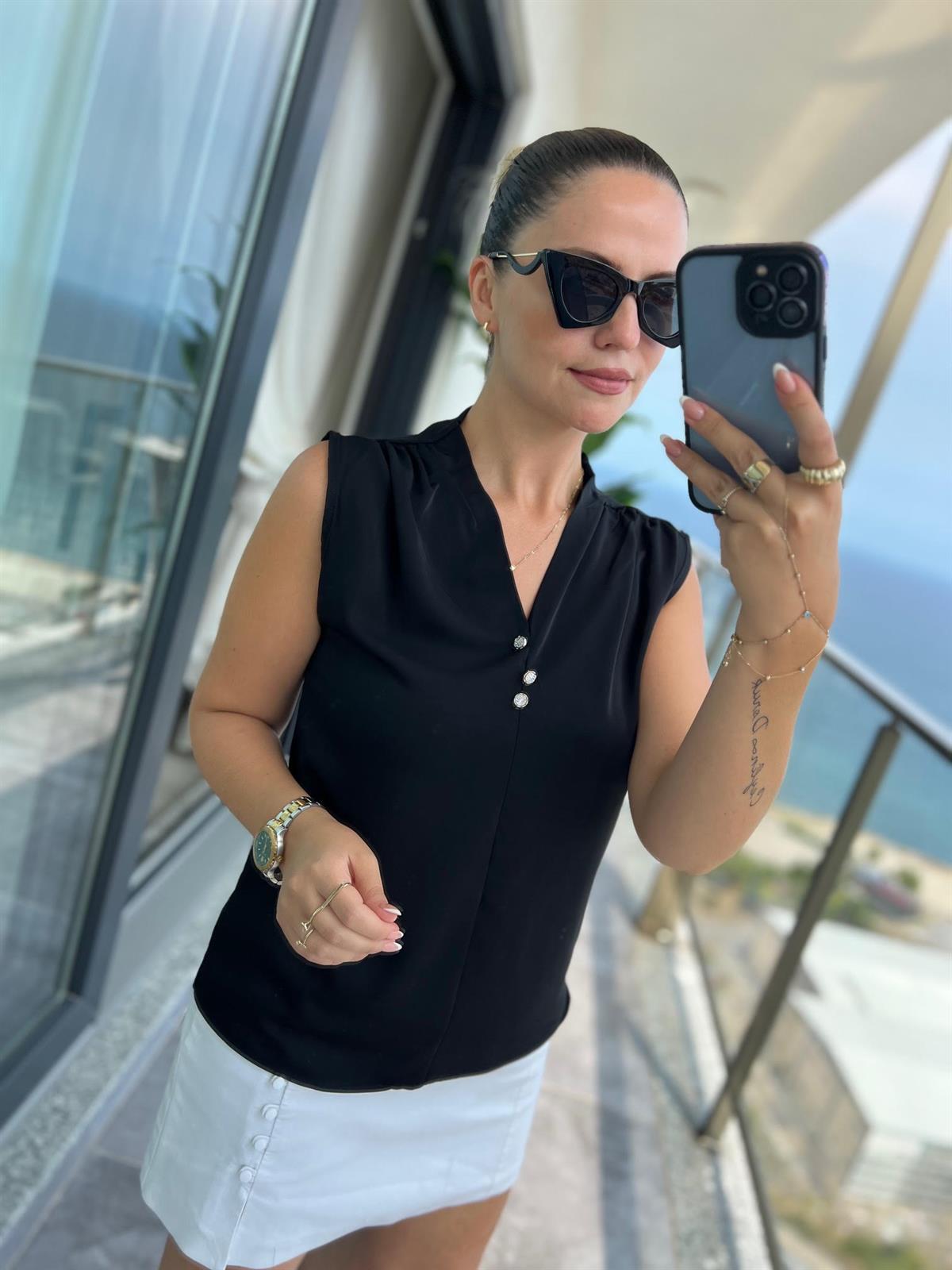 4083 Düğmeli Bluz SİYAH