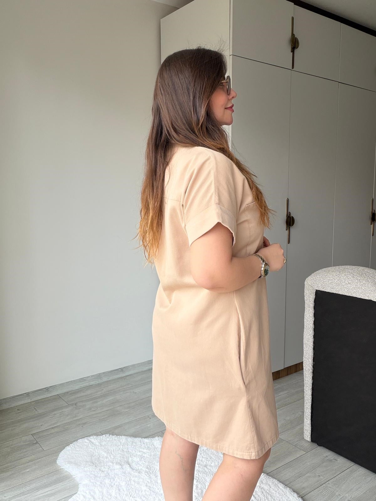 410 Yıkamalı Gabardin Elbise BEJ