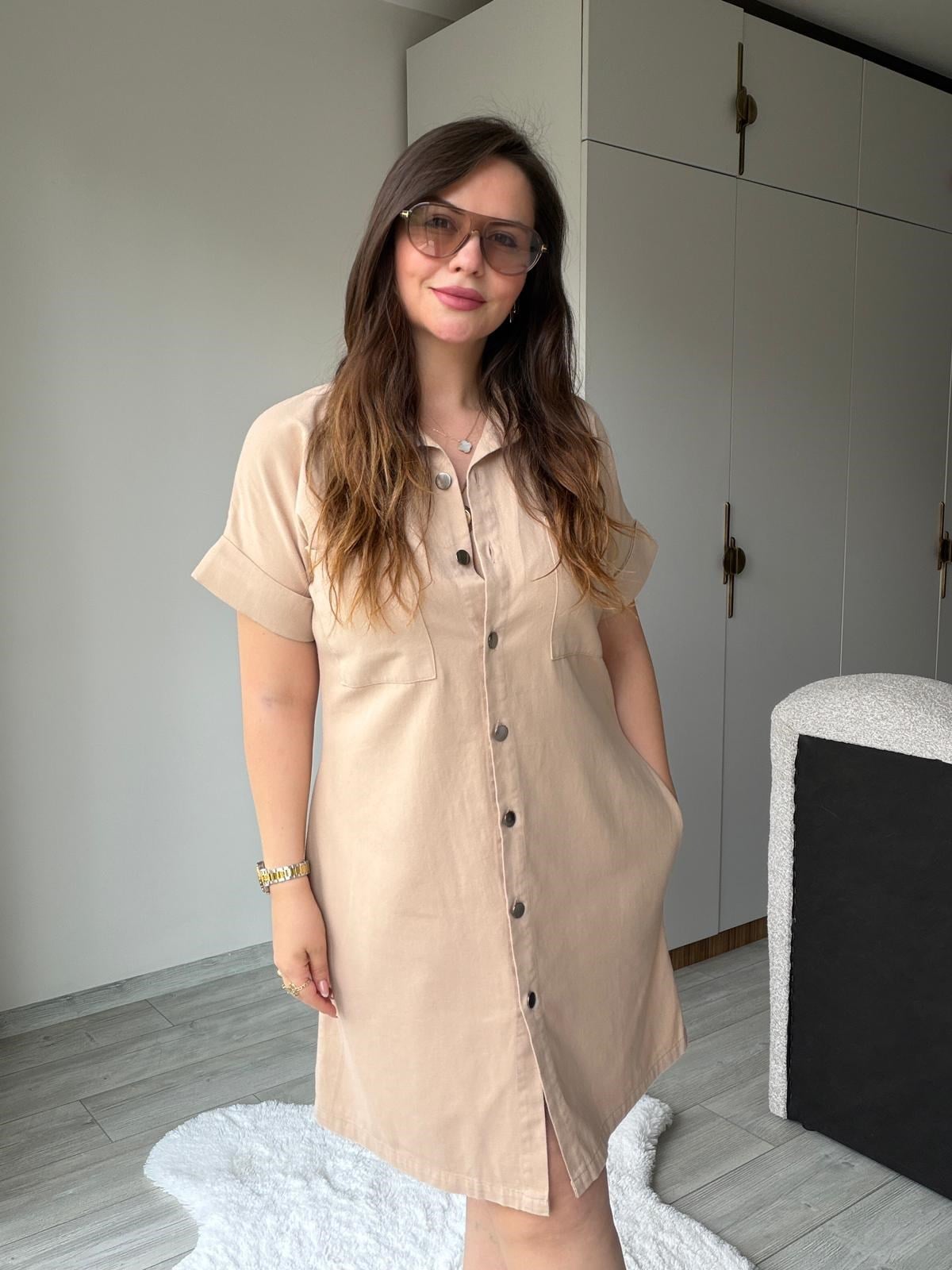 410 Yıkamalı Gabardin Elbise BEJ