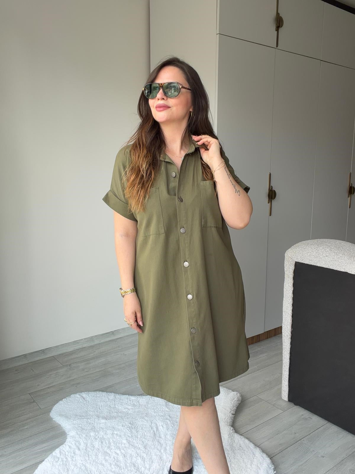 410 Yıkamalı Gabardin Elbise HAKİ YEŞİL