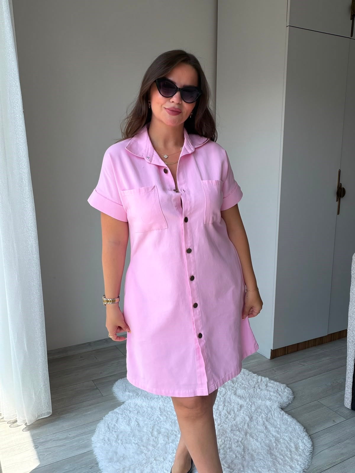 410 Yıkamalı Gabardin Elbise PEMBE