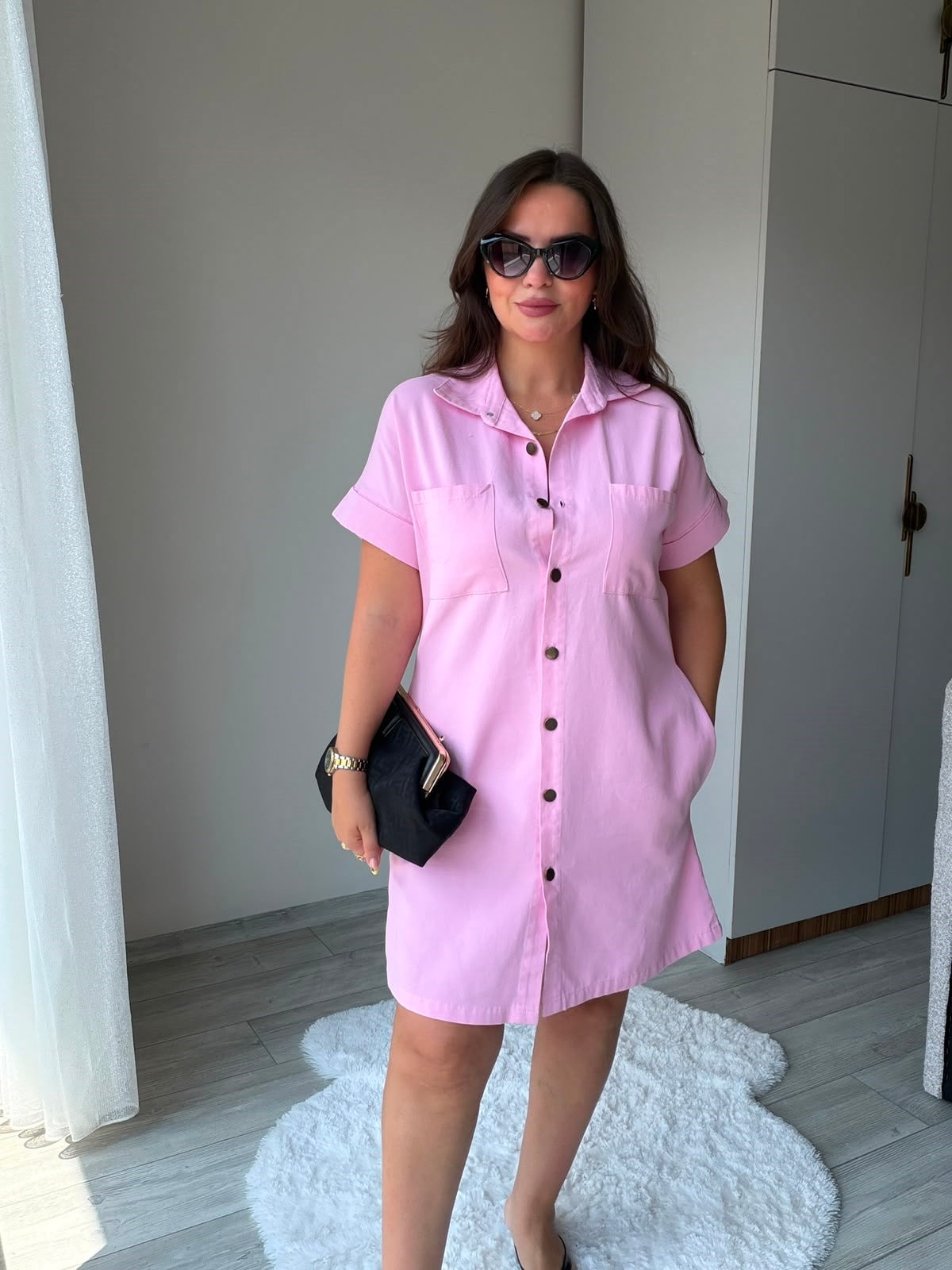 410 Yıkamalı Gabardin Elbise PEMBE