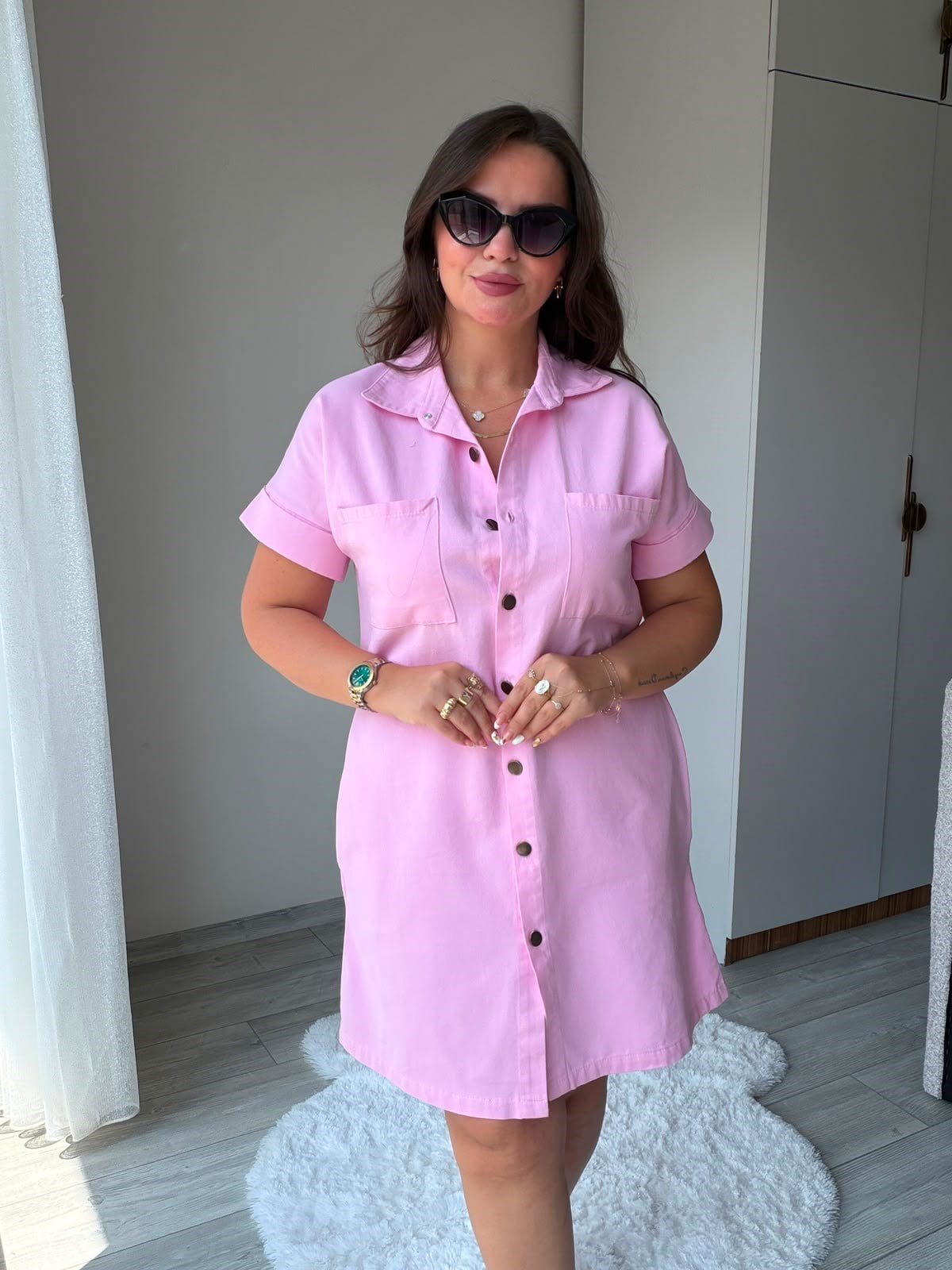 410 Yıkamalı Gabardin Elbise PEMBE